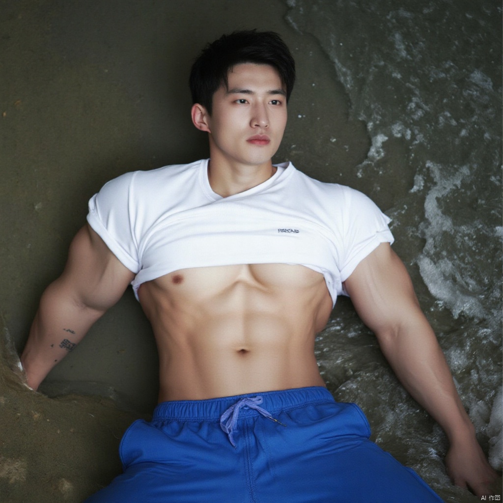 A handsome young man is lying on the water of the stream. He is wearing blue sweatpants and a white T-shirt. He lifts up his T-shirt to show off his toned abs.,sports boy