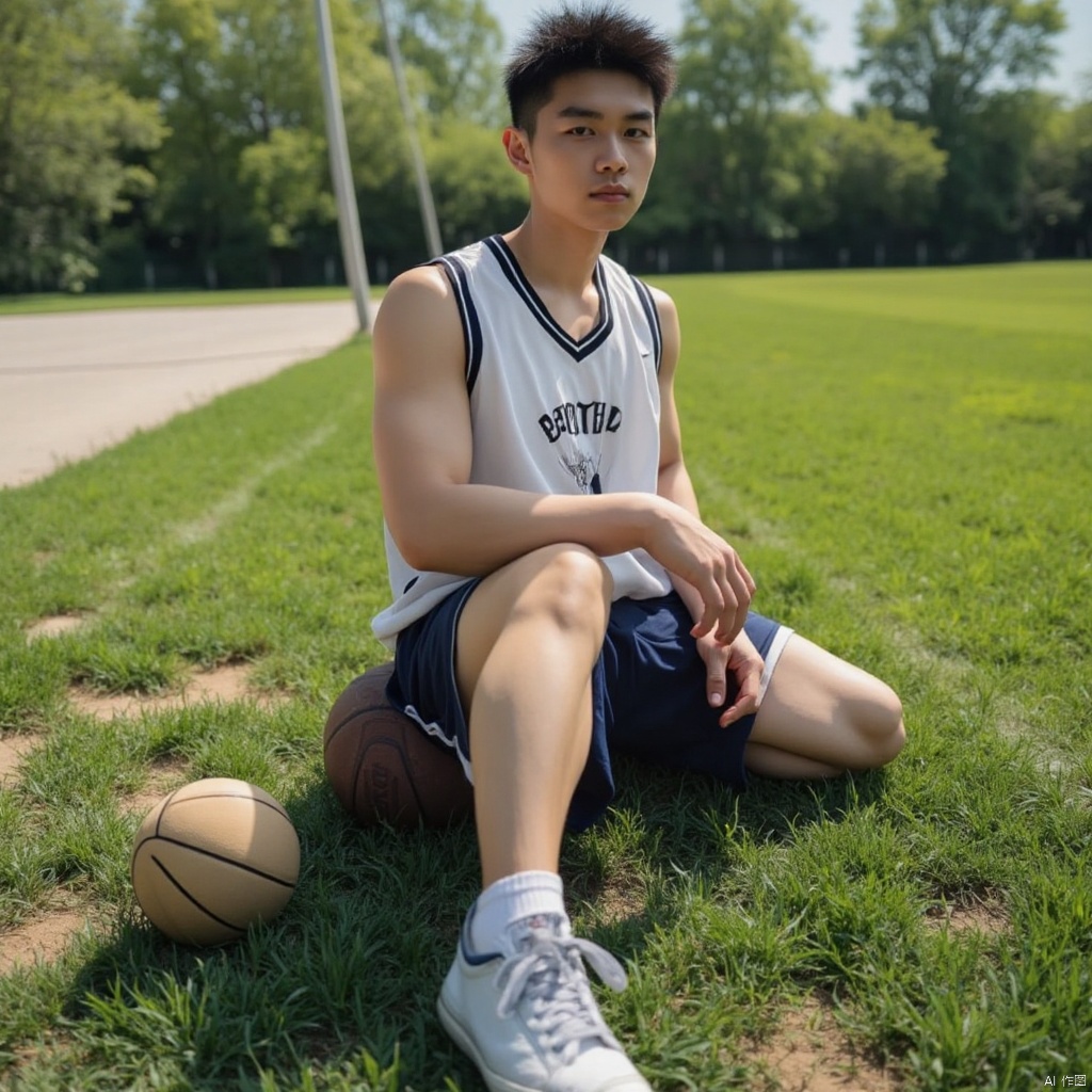 Boy wearing basketball uniform sitting on the ground, leaning back, very handsome, with basketball next to him, grass, sunshine, photo style, film style, dynamic perspective,sports boy
