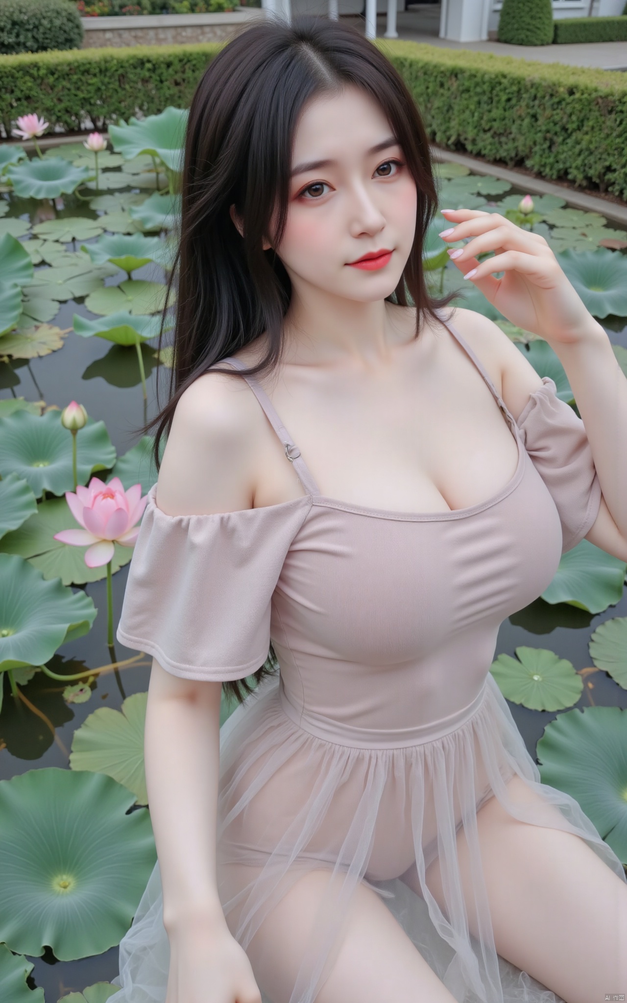  masterpiece,1girl,solo,black hair,(Standing by the lotus pond in the garden:1.3),(hanfu dress:1.3),black eyes,beautiful face,short sleeves,holding flower,looking at viewer,(huge breasts:2.79),(full breasts:1.99),Xxianyi,Xxiyouqin,Xqinghe,Xyanqingcheng,Xhongdie,Xcaoying,Xjiziyue,Xyueying,Xbaiyin81