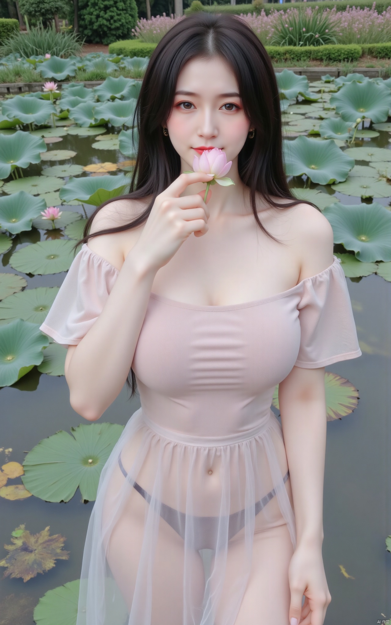  masterpiece,1girl,solo,black hair,(Standing by the lotus pond in the garden:1.3),(hanfu dress:1.3),black eyes,beautiful face,short sleeves,holding flower,looking at viewer,(huge breasts:2.79),(full breasts:1.99),Xxianyi,Xxiyouqin,Xqinghe,Xyanqingcheng,Xhongdie,Xcaoying,Xjiziyue,Xyueying,Xbaiyin81