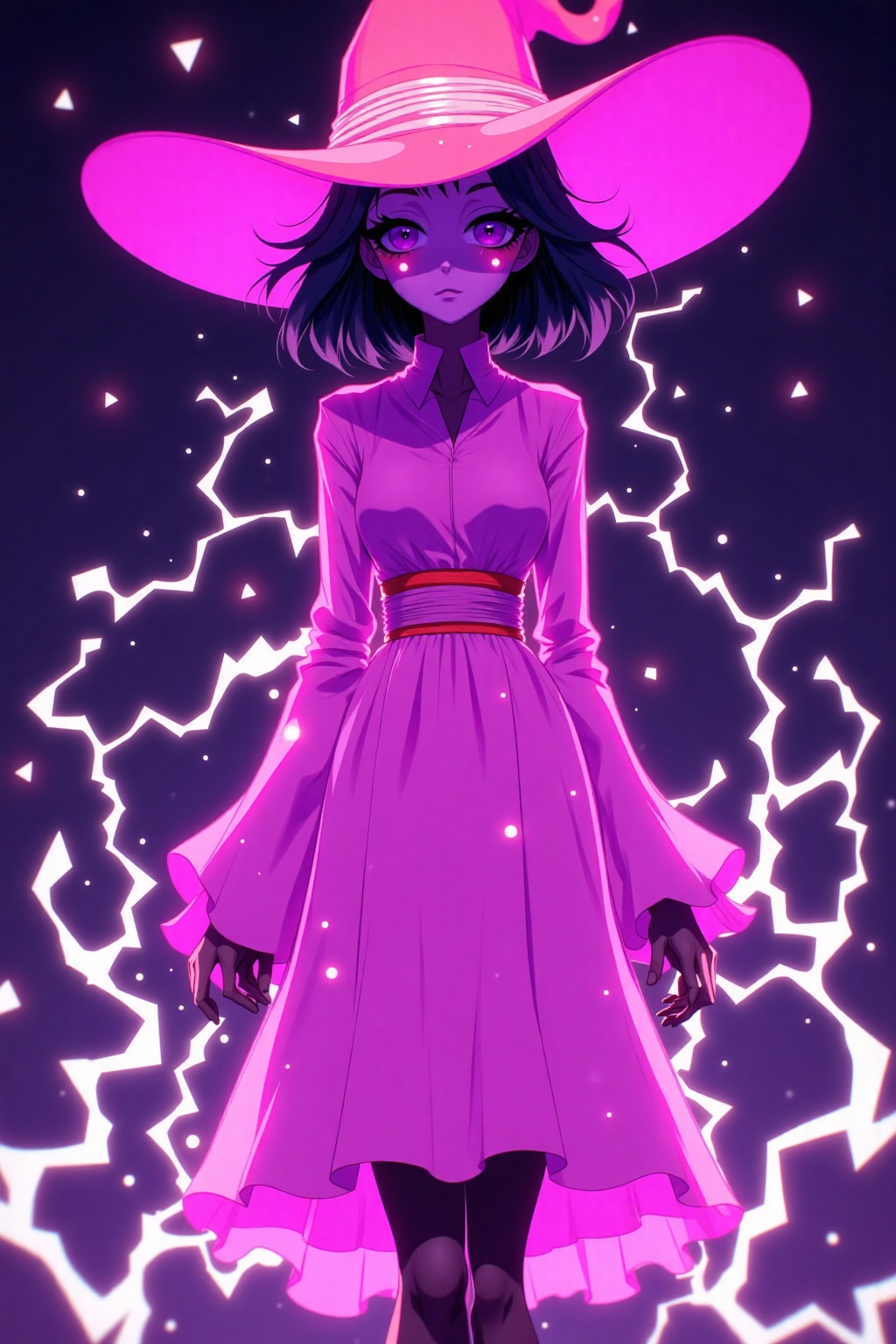 txznfairy, 
1girl,
,
,solo
,black hair,
long sleeves, dress,
hat,
standing,
cowboy shot,
colored skin,
pink dress,
electricity,
pink headwear,
pink theme