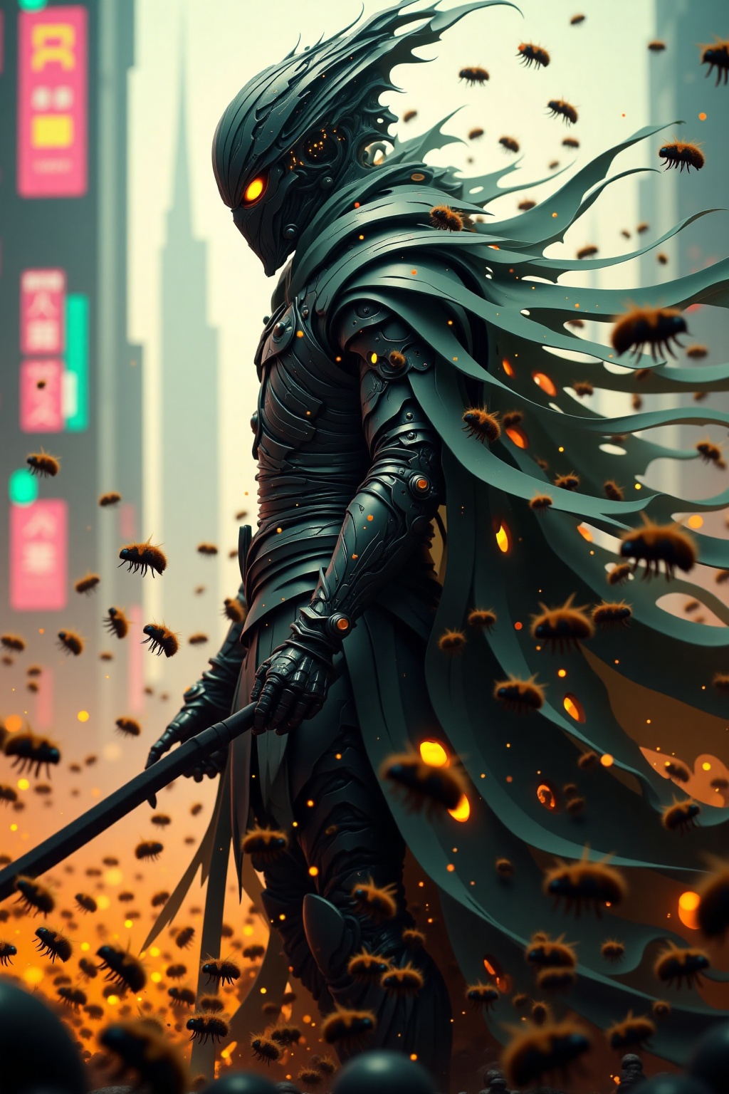txznfairy,
photo of an Elysium Robot Cyborg Samurai amidst a SWarm of bees, macro, flowing Cape, a captivating vibrant dark capturing the essence of a cyborg Bedouin sorcerer in fight stance, standing infront of dystopian megacity. ethereal, smoky backdrop. a translucent Grey, yellow/tanslucent amber/black, atmospheric haze, Film grain, cinematic film still, shallow depth of field, highly detailed, high budget, cinemascope, moody, epic, OverallDetail, gorgeous, 2000s vintage RAW photo, photorealistic, candid camera, color graded cinematic, eye catchlights, atmospheric lighting, skin pores, imperfections, natural, shallow dof, their holographic billboards flickering in shades of pink, green, and electric blue. Streams of light weave through