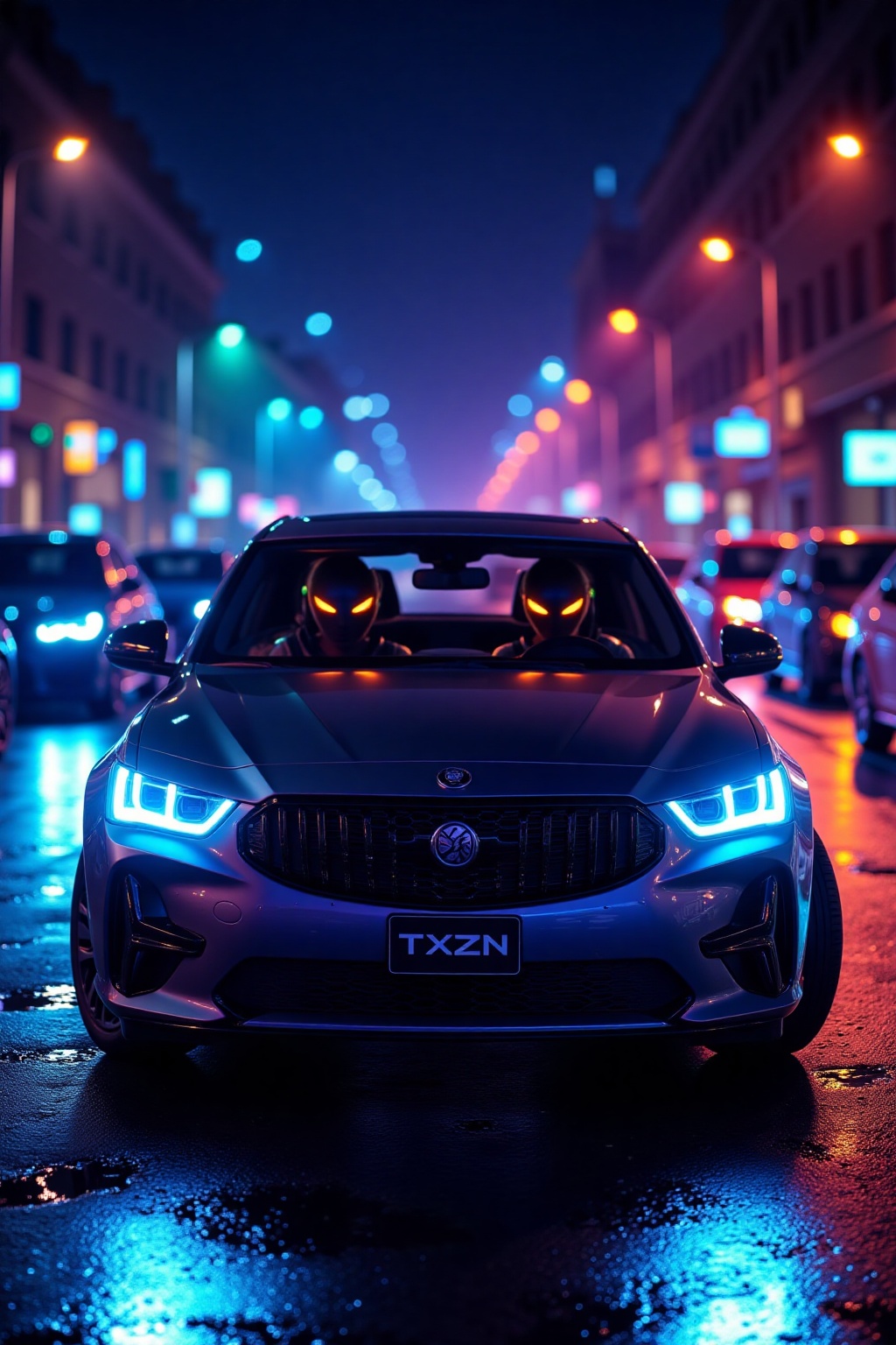 txznfairy,
Captured at eye-level on a vibrant night, a car is parked on a wet road. The car's front grill, adorned with a black emblem, is adorned with the letters "TXZN" in white lettering. Two people are seated in the driver's seat of the car, their heads turned towards the camera, their eyes glowing with a glowing yellow hue. In the background, a backdrop of multiple cars, their lights glowing in a variety of colors, adding a pop of color to the scene.