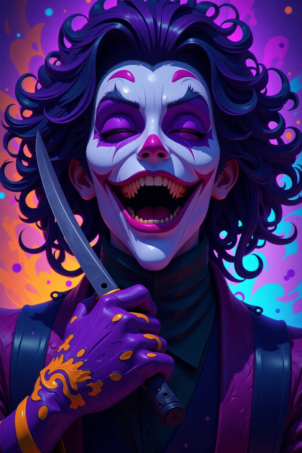 txznfairy,
An animated image of a joker holding a knife in his right hand. The joker's face is adorned with purple eyes, a purple mouth, and a black wig. His mouth is open, and his teeth are sharp. He is wearing a purple and black jacket, and the knife he is holding has a silver blade on it. The background is a combination of purple, blue, and orange colors.