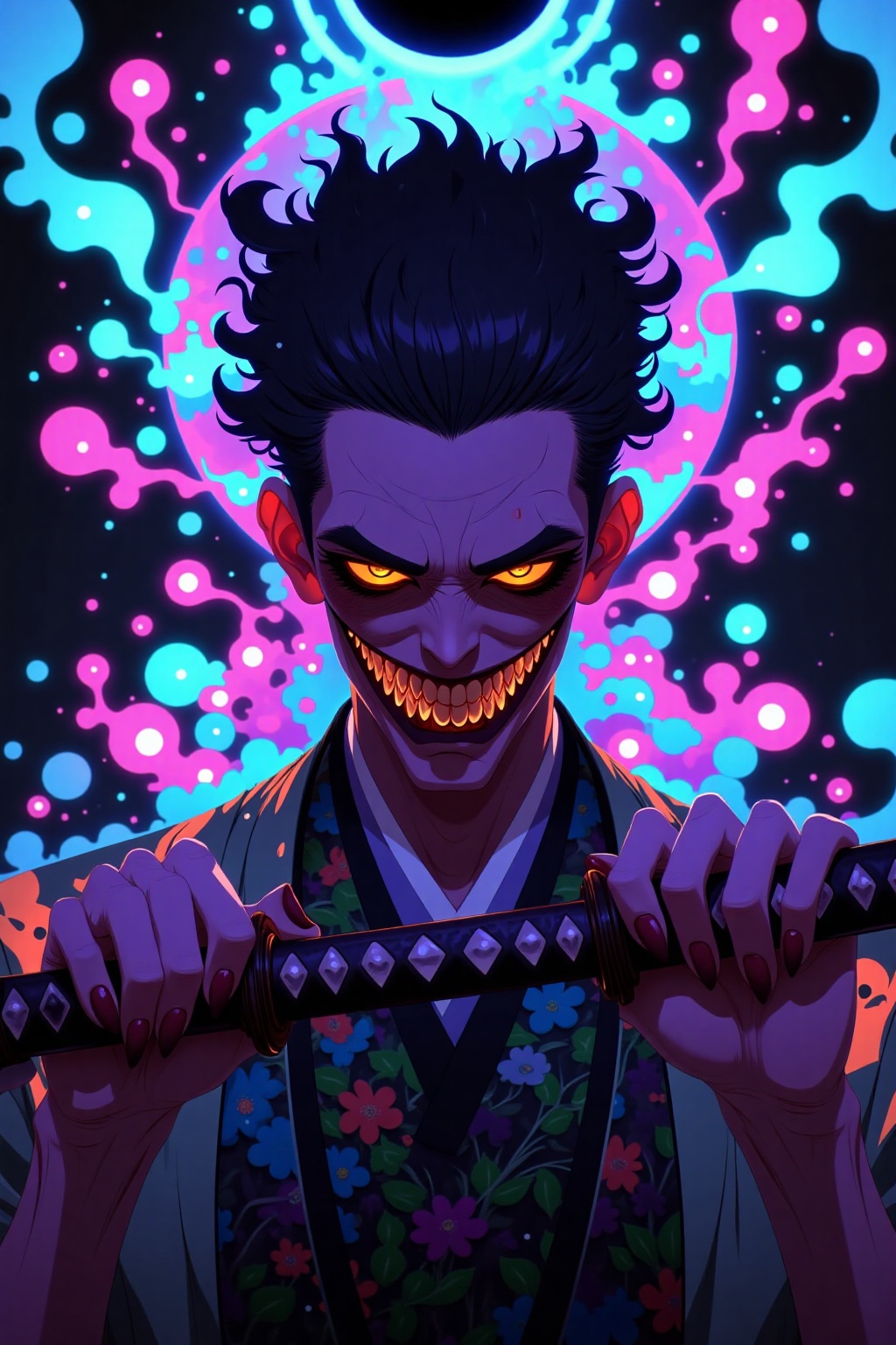 txznfairy2,
solo
,looking at viewer
,smile
,short hair
,black hair
,1boy
,holding
,upper body
,yellow eyes
,male focus
,weapon
,teeth
,japanese clothes
,sword
,kimono
,holding weapon
,grin
,fingernails
,glowing
,holding sword
,floral print, moon, fire,
katana,
sheath,
full moon,
evil smile,
aura,
unsheathing,
evil grin,
holding sheath