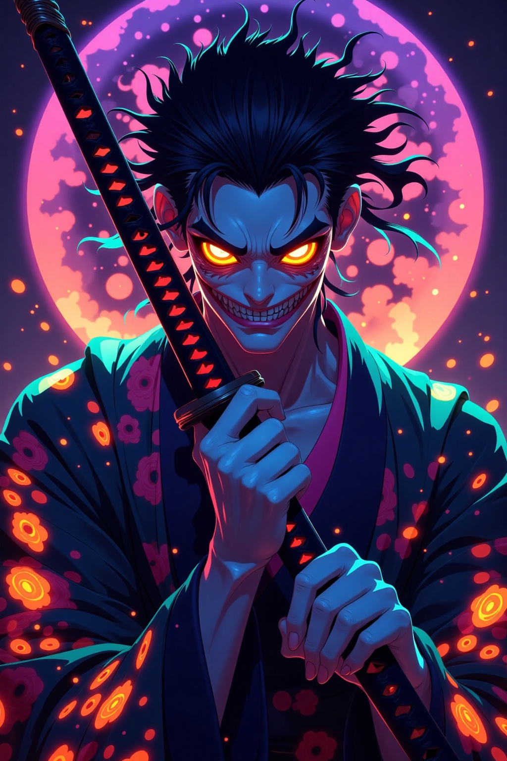 txznfairy, txznfairy3,
solo
,looking at viewer
,smile
,short hair
,black hair
,1boy
,holding
,upper body
,yellow eyes
,male focus
,weapon
,teeth
,japanese clothes
,sword
,kimono
,holding weapon
,grin
,fingernails
,glowing
,holding sword
,floral print, moon, fire,
katana,
sheath,
full moon,
evil smile,
aura,
unsheathing,
evil grin,
holding sheath