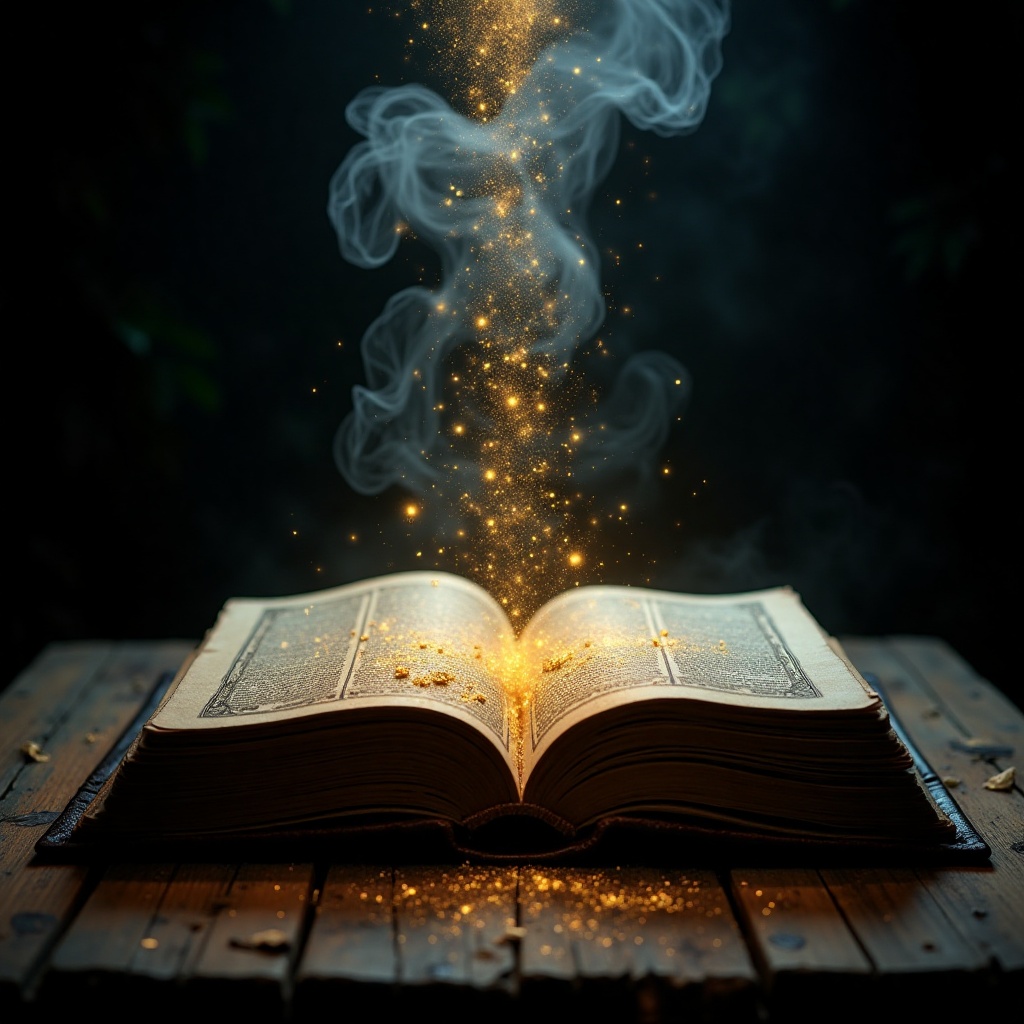 Resting on a rustic wooden table,  an ancient tome invites onlookers into a world beyond the ordinary. As the dim light ca...