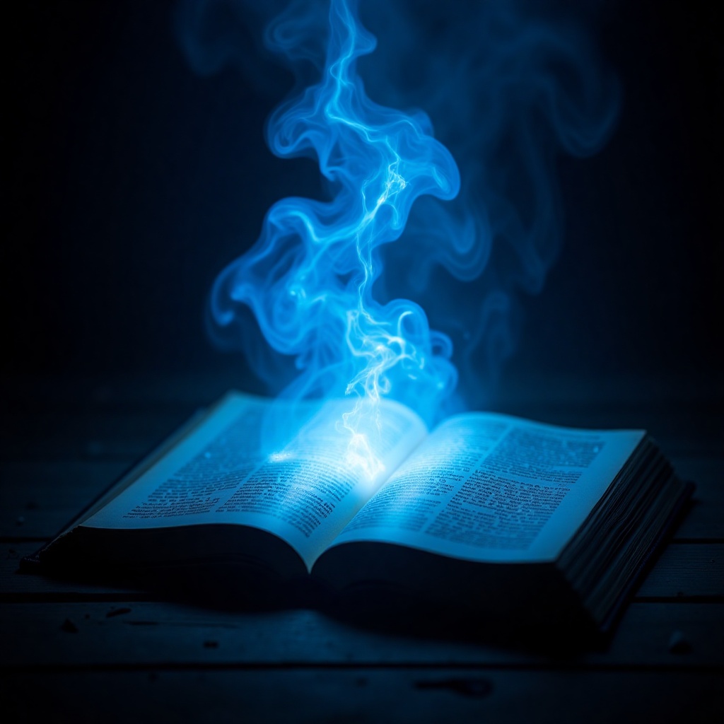In a dimly lit setting,  an open book radiates a brilliant blue glow,  conjuring a spellbinding atmosphere. The ethereal l...