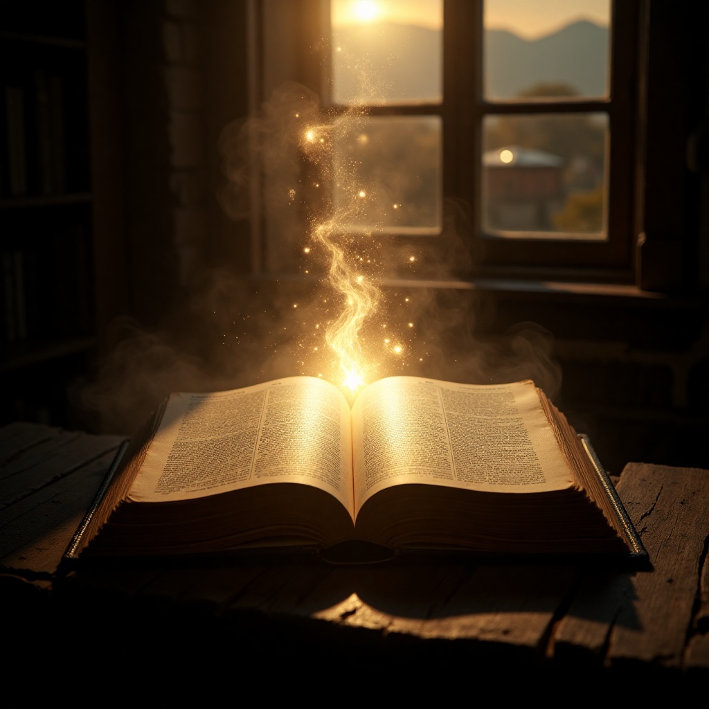 In a dimly lit room,  an old,  open book rests upon a worn wooden table on Tensor.Art
