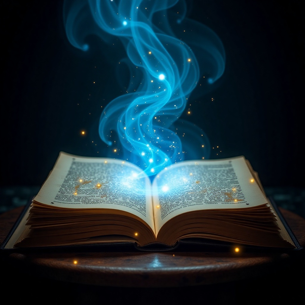In an enchantingly serene setting,  an open book radiates a mystical blue light,  illuminating the dark surroundings. Gold...