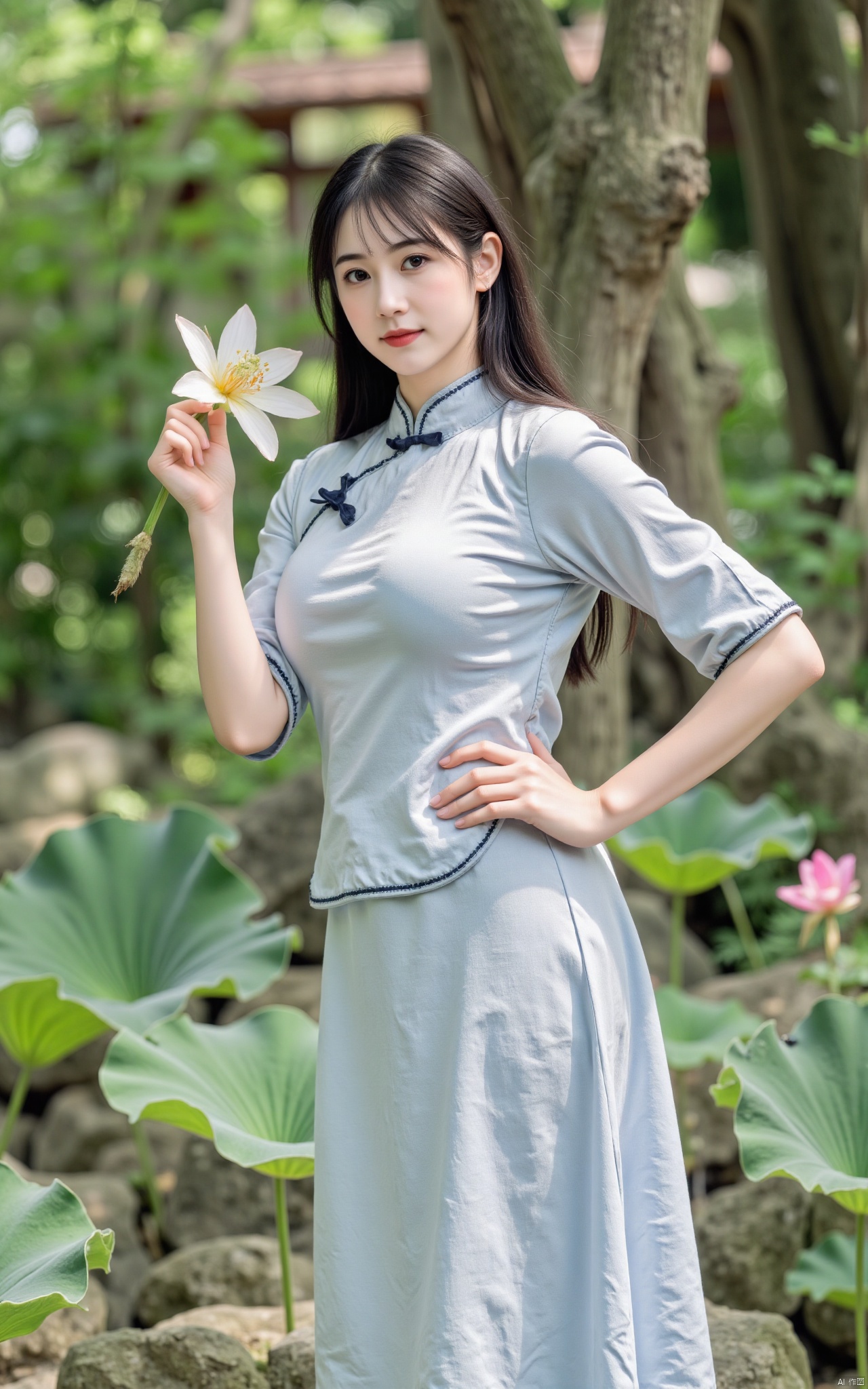  masterpiece,1girl,solo,black hair,(Standing by the lotus pond in the garden:1.3),(hanfu dress:1.3),black eyes,beautiful face,short sleeves,holding flower,looking at viewer,(huge breasts:2.79),(full breasts:1.99),Xminguo,Xruanxiu,Xqhanfu,Xqipao,Xqinghanfu