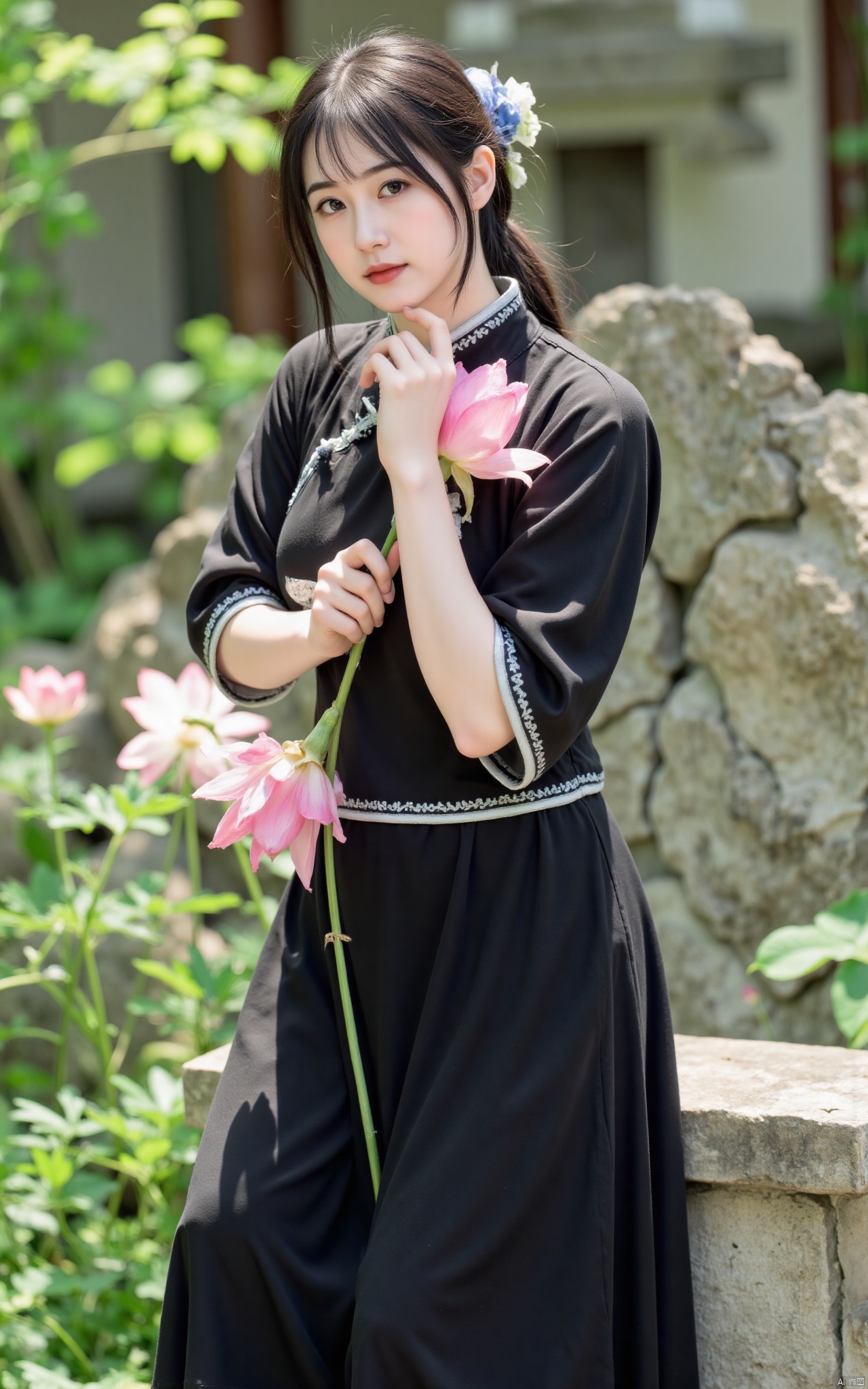 masterpiece,1girl,solo,black hair,(Standing by the lotus pond in the garden:1.3),(hanfu dress:1.3),black eyes,beautiful face,short sleeves,holding flower,looking at viewer,(huge breasts:2.79),(full breasts:1.99),Xminguo,Xruanxiu,Xqhanfu,Xqipao,Xqinghanfu