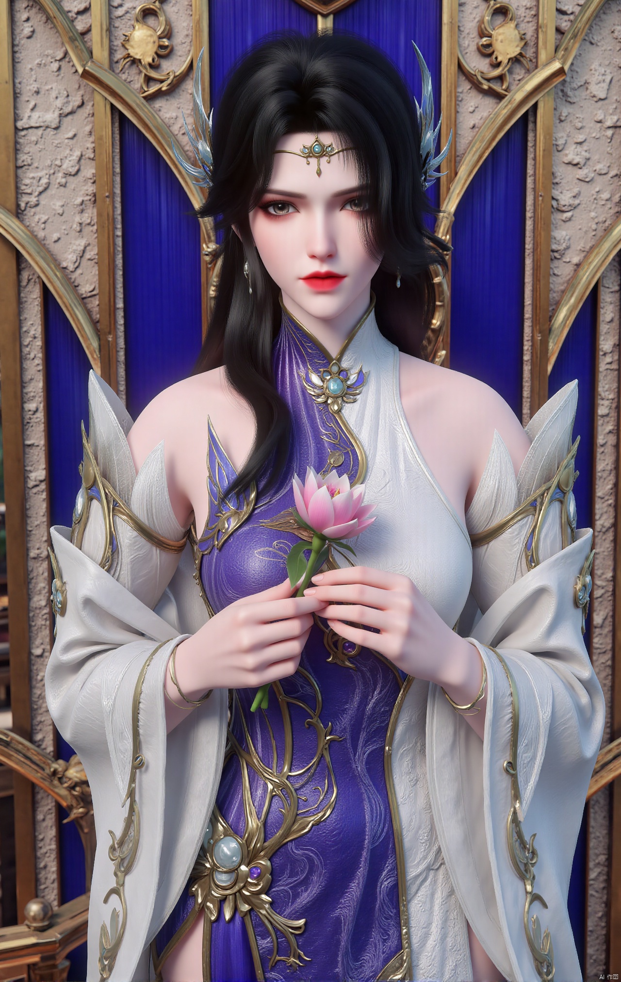  masterpiece,1girl,black hair,(Standing by the lotus pond in the garden:1.3),(hanfu dress:1.3),black eyes,beautiful face,short sleeves,holding flower,looking at viewer,(huge breasts:2.79),(full breasts:1.99),Xxianyi,Xxiyouqin,Xqinghe,Xyanqingcheng,Xhongdie,Xcaoying,Xjiziyue
