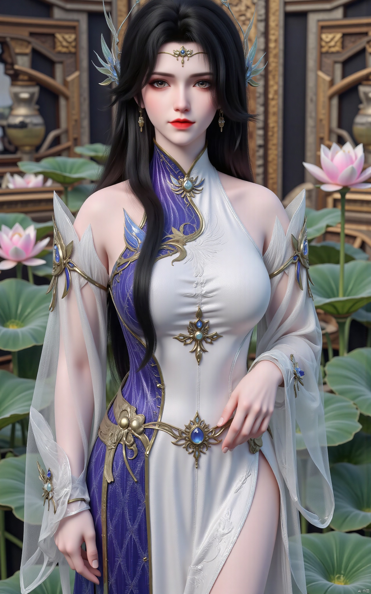  masterpiece,1girl,solo,black hair,(Standing by the lotus pond in the garden:1.3),(hanfu dress:1.3),black eyes,beautiful face,short sleeves,holding flower,looking at viewer,(huge breasts:2.79),(full breasts:1.99),Xxianyi,Xxiyouqin,Xqinghe,Xyanqingcheng,Xhongdie,Xcaoying,Xjiziyue,Xyueying,Xbaiyin81