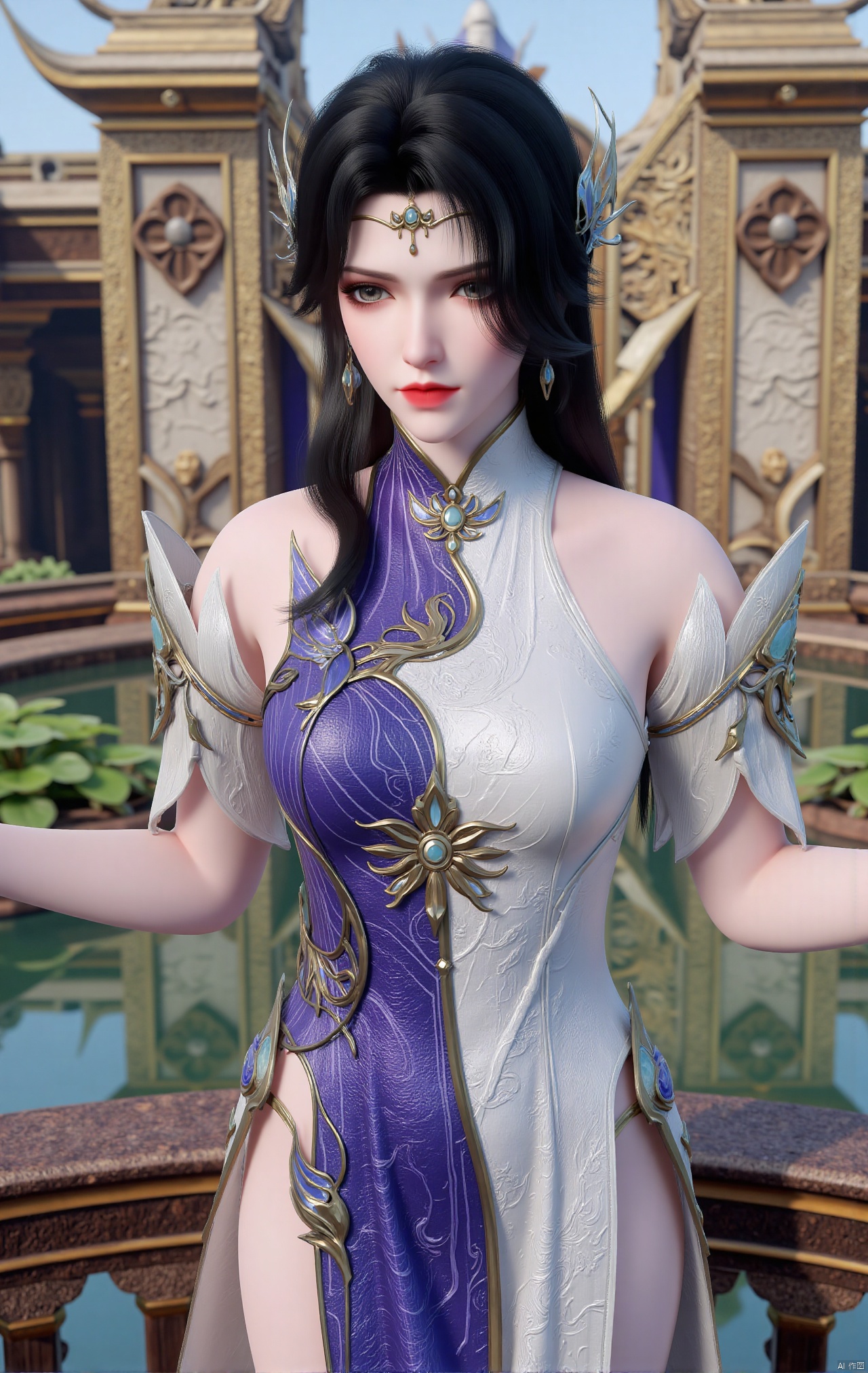 masterpiece,1girl,black hair,(Standing by the lotus pond in the garden:1.3),(hanfu dress:1.3),black eyes,beautiful face,short sleeves,holding flower,looking at viewer,(huge breasts:2.29),(full breasts:1.99),Xxiyouqin,Xqinghe,Xyanqingcheng,Xhongdie,Xcaoying,Xjiziyue