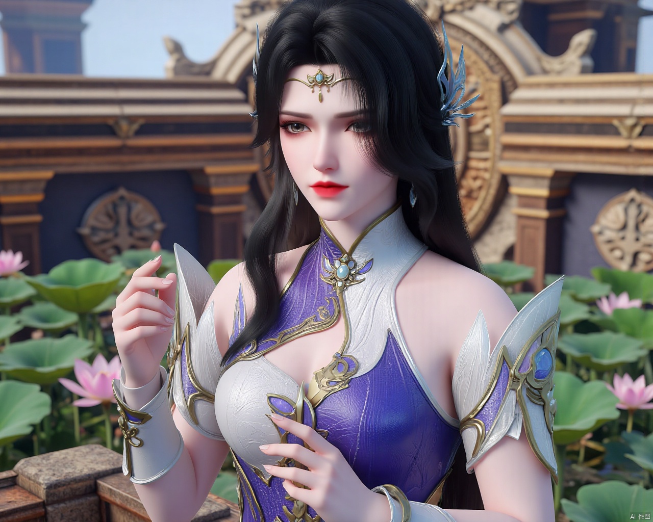  masterpiece,1girl,black hair,(Standing by the lotus pond in the garden:1.3),(hanfu dress:1.3),black eyes,beautiful face,short sleeves,holding flower,looking at viewer,(huge breasts:2.79),(full breasts:1.99),Xxianyi,Xxiyouqin,Xqinghe,Xyanqingcheng,Xhongdie,Xcaoying,Xjiziyue