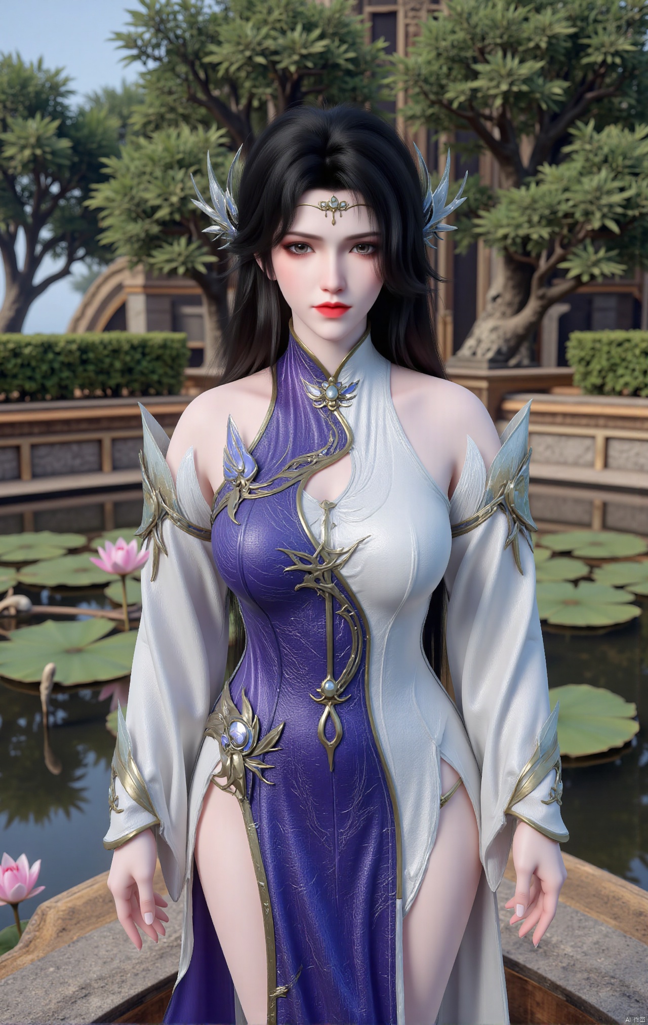  masterpiece,1girl,black hair,(Standing by the lotus pond in the garden:1.3),(hanfu dress:1.3),black eyes,beautiful face,short sleeves,holding flower,looking at viewer,(huge breasts:2.79),(full breasts:1.99),Xxianyi,Xxiyouqin,Xqinghe,Xyanqingcheng,Xhongdie,Xcaoying,Xjiziyue