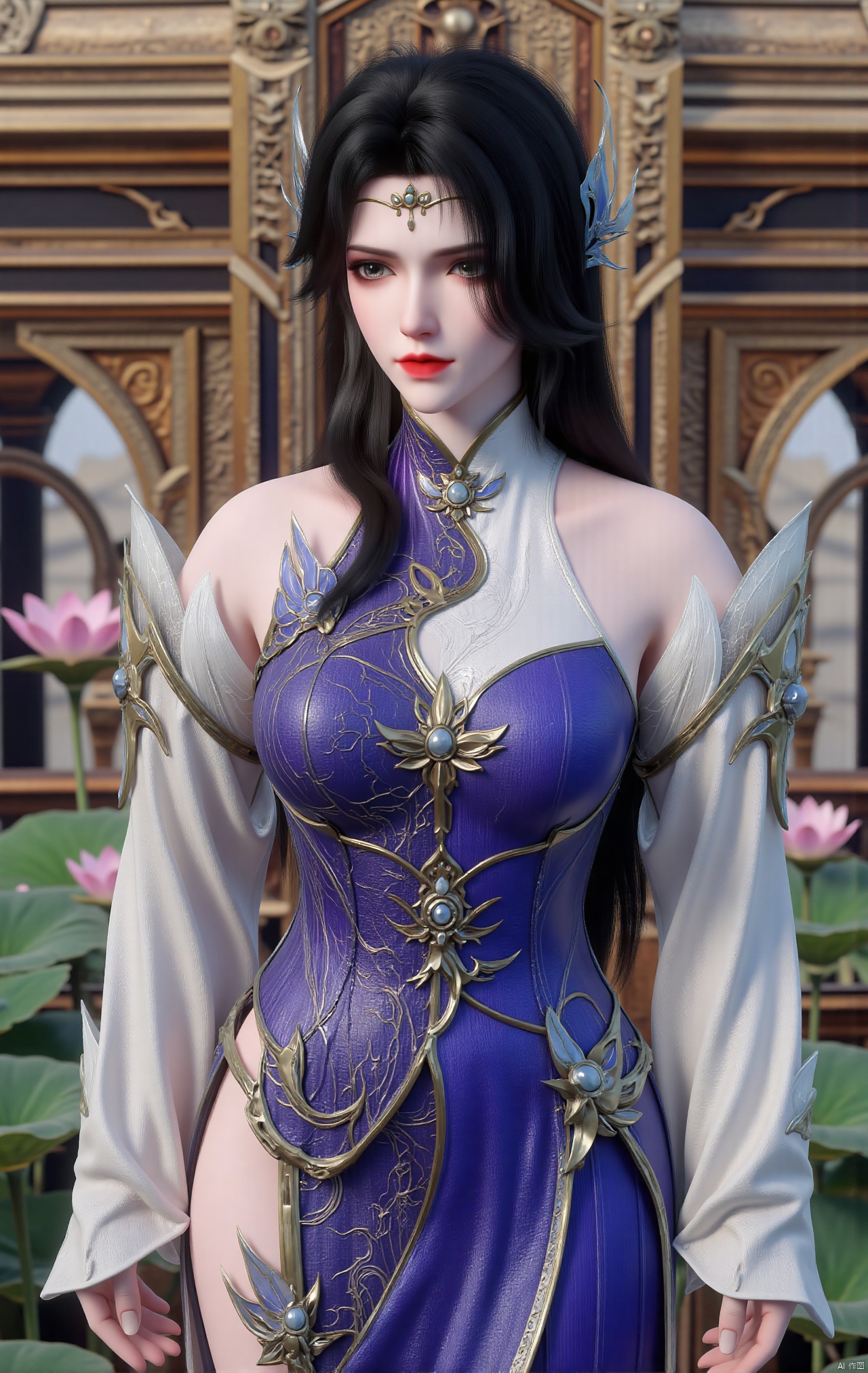  masterpiece,1girl,black hair,(Standing by the lotus pond in the garden:1.3),(hanfu dress:1.3),black eyes,beautiful face,short sleeves,holding flower,looking at viewer,(huge breasts:2.79),(full breasts:1.99),Xxianyi,Xxiyouqin,Xqinghe,Xyanqingcheng,Xhongdie,Xcaoying,Xjiziyue