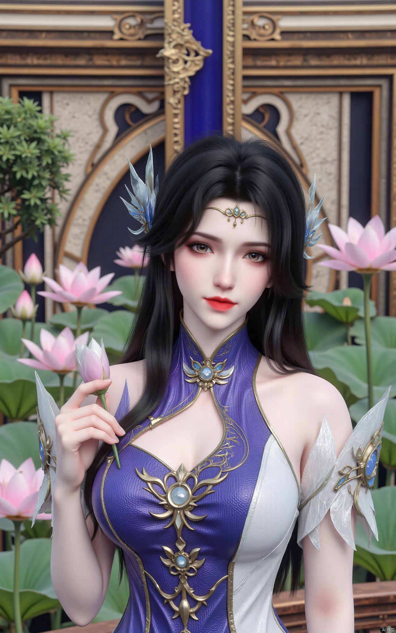  masterpiece,1girl,solo,black hair,(Standing by the lotus pond in the garden:1.3),(hanfu dress:1.3),black eyes,beautiful face,short sleeves,holding flower,looking at viewer,(huge breasts:2.79),(full breasts:1.99),Xxianyi,Xxiyouqin,Xqinghe,Xyanqingcheng,Xhongdie,Xcaoying,Xjiziyue,Xyueying,Xbaiyin81