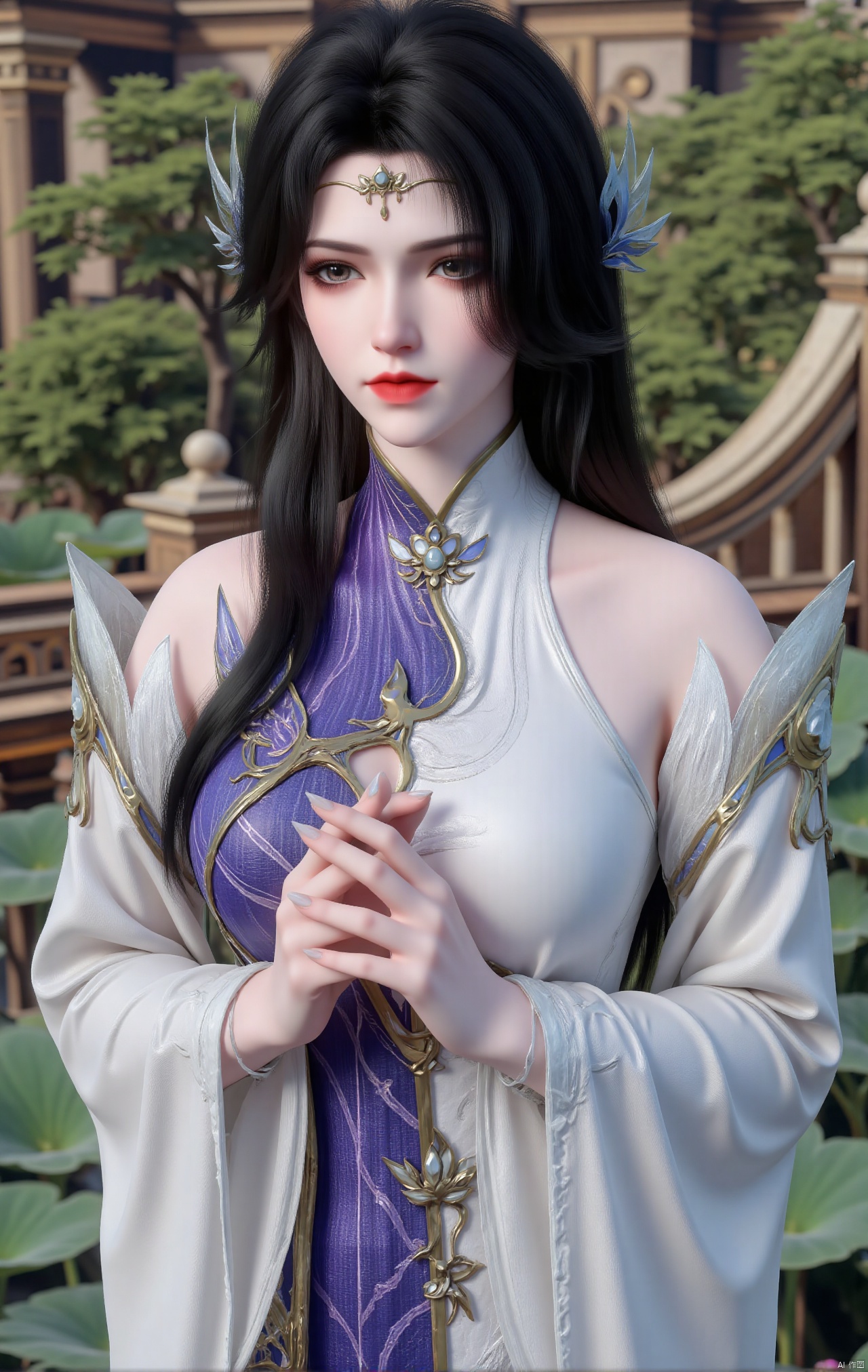  masterpiece,1girl,black hair,(Standing by the lotus pond in the garden:1.3),(hanfu dress:1.3),black eyes,beautiful face,short sleeves,holding flower,looking at viewer,(huge breasts:2.79),(full breasts:1.99),Xxianyi,Xxiyouqin,Xqinghe,Xyanqingcheng,Xhongdie,Xcaoying,Xjiziyue