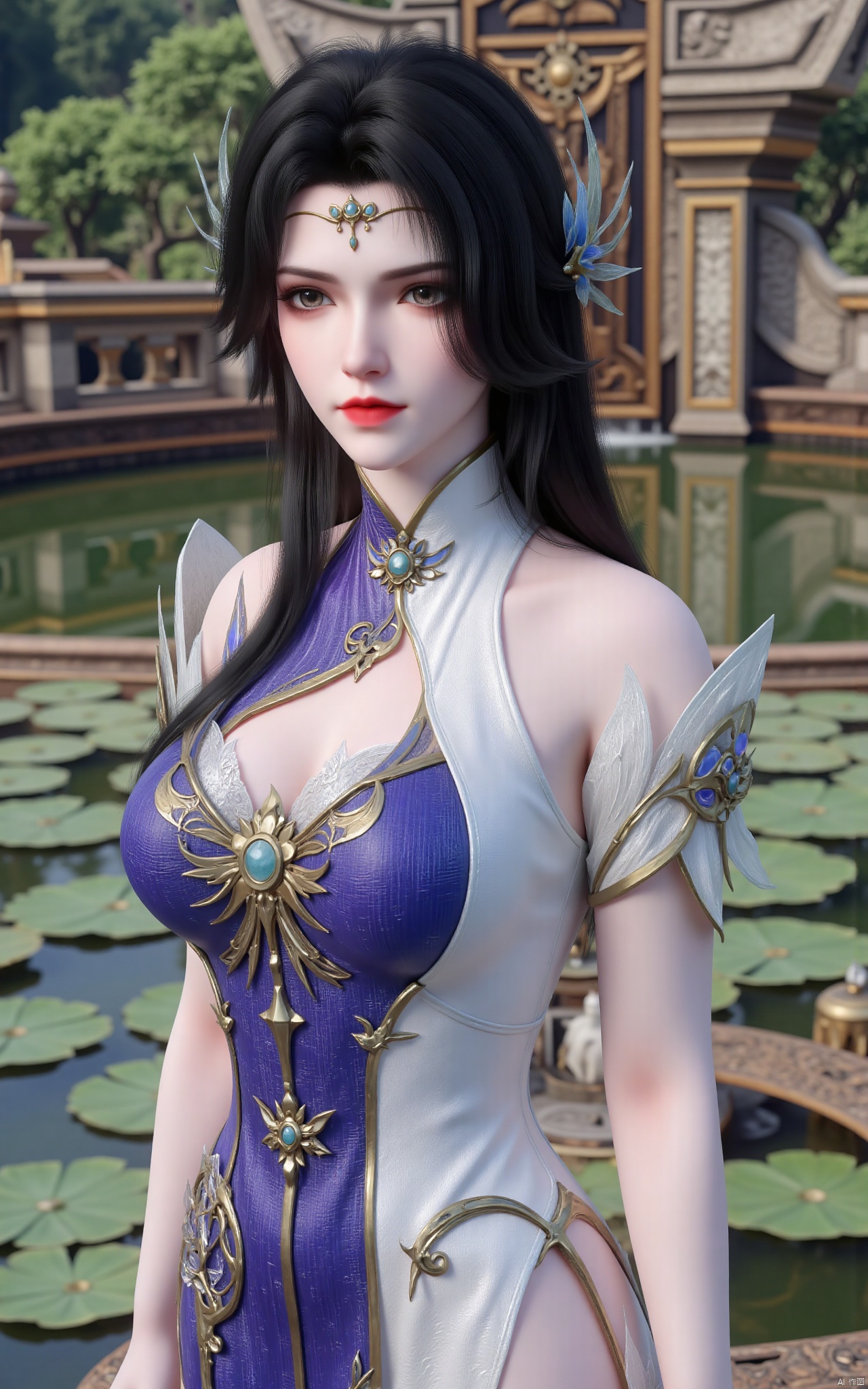  masterpiece,1girl,solo,black hair,(Standing by the lotus pond in the garden:1.3),(hanfu dress:1.3),black eyes,beautiful face,short sleeves,holding flower,looking at viewer,(huge breasts:2.79),(full breasts:1.99),Xxianyi,Xxiyouqin,Xqinghe,Xyanqingcheng,Xhongdie,Xcaoying,Xjiziyue,Xyueying,Xbaiyin81