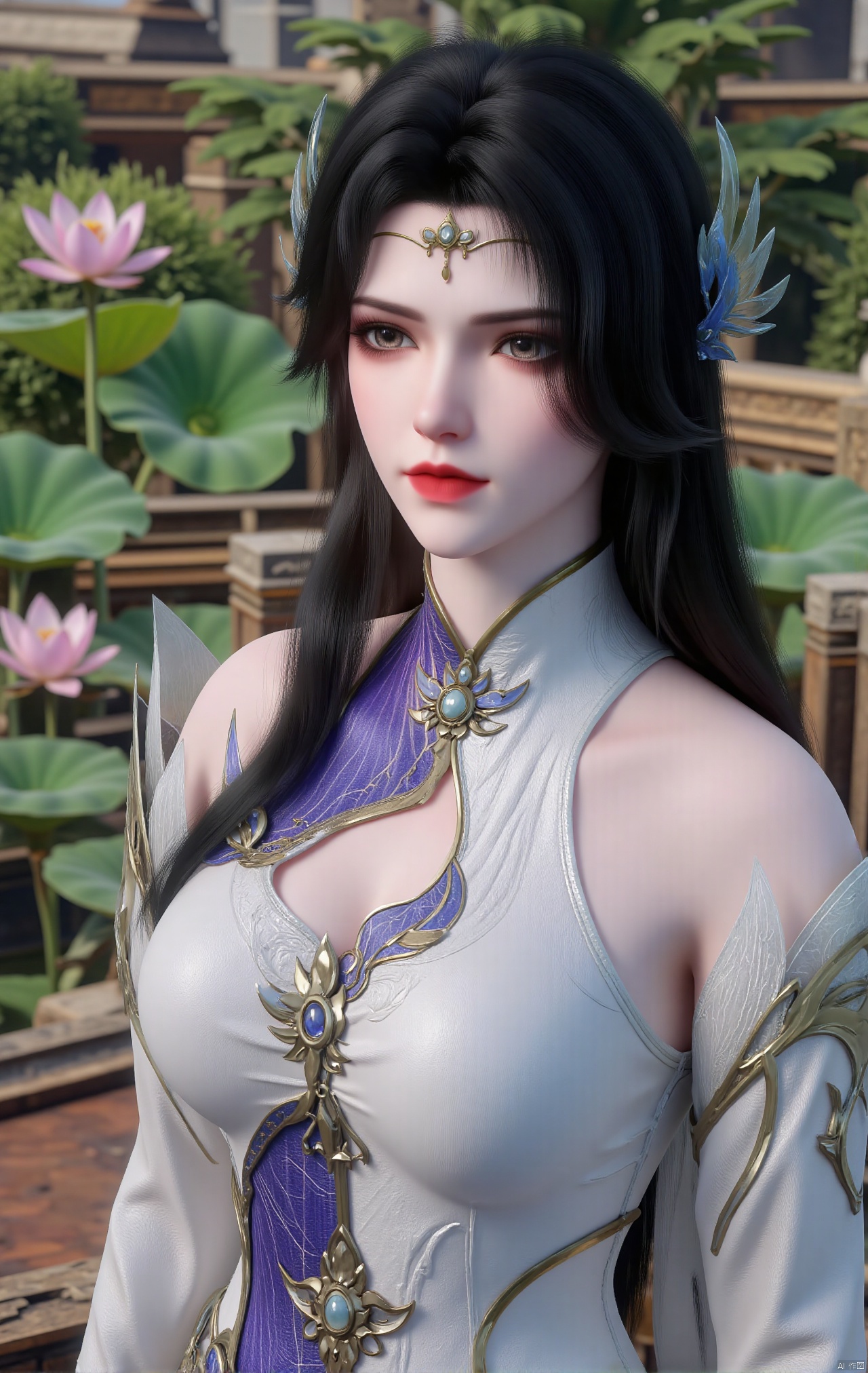  masterpiece,1girl,black hair,(Standing by the lotus pond in the garden:1.3),(hanfu dress:1.3),black eyes,beautiful face,short sleeves,holding flower,looking at viewer,(huge breasts:2.79),(full breasts:1.99),Xxianyi,Xxiyouqin,Xqinghe,Xyanqingcheng,Xhongdie,Xcaoying,Xjiziyue