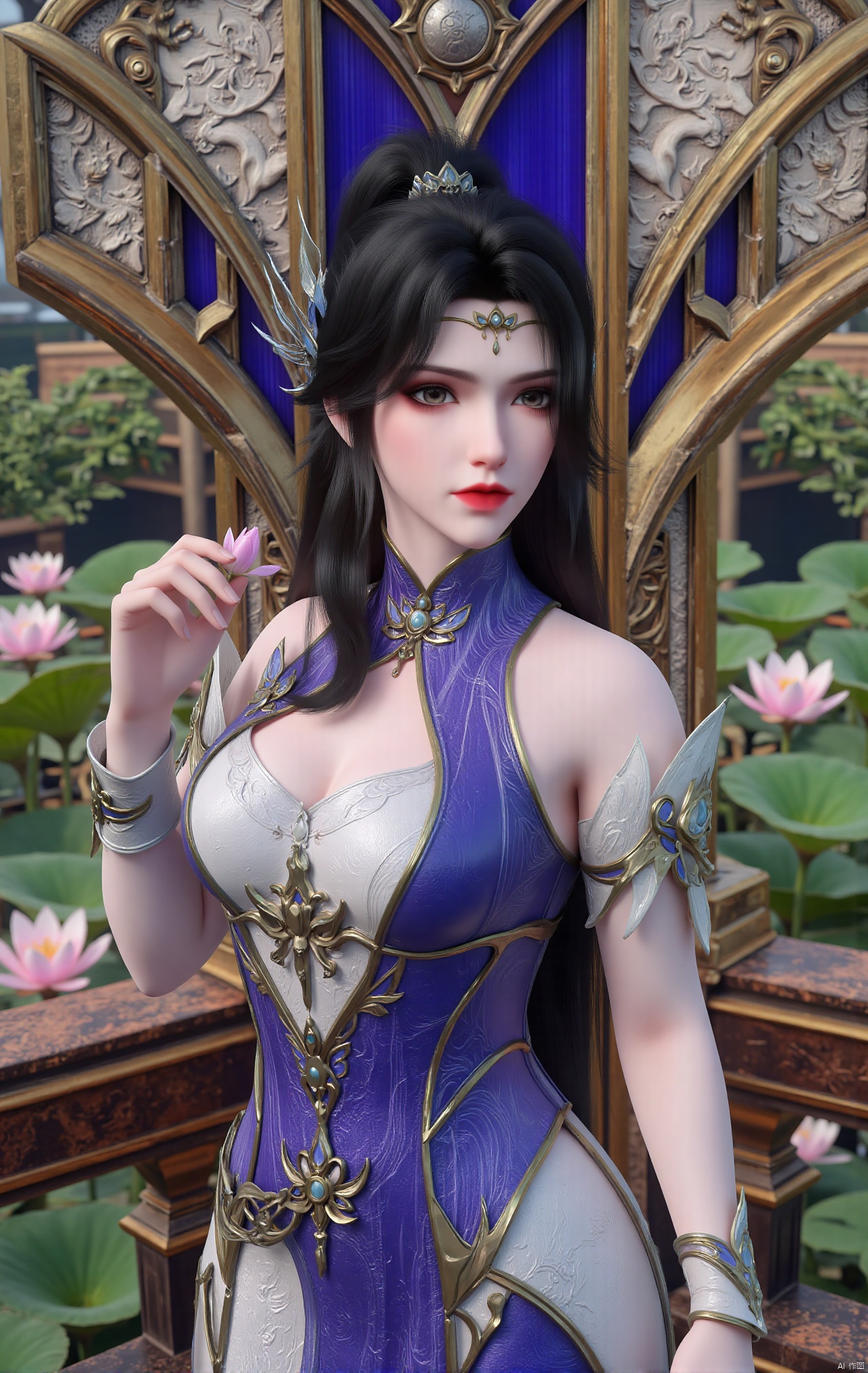  masterpiece,1girl,black hair,(Standing by the lotus pond in the garden:1.3),(hanfu dress:1.3),black eyes,beautiful face,short sleeves,holding flower,looking at viewer,(huge breasts:2.79),(full breasts:1.99),Xxianyi,Xxiyouqin,Xqinghe,Xyanqingcheng,Xhongdie,Xcaoying,Xjiziyue
