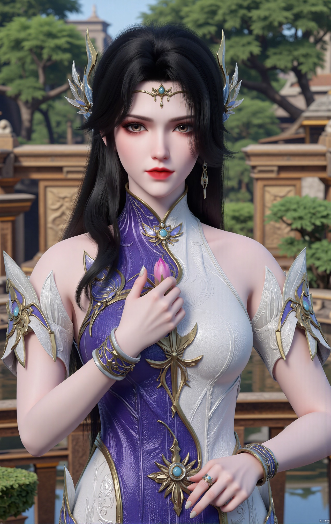  masterpiece,1girl,black hair,(Standing by the lotus pond in the garden:1.3),(hanfu dress:1.3),black eyes,beautiful face,short sleeves,holding flower,looking at viewer,(huge breasts:2.29),(full breasts:1.99),Xxiyouqin,Xqinghe,Xyanqingcheng,Xhongdie,Xcaoying,Xjiziyue