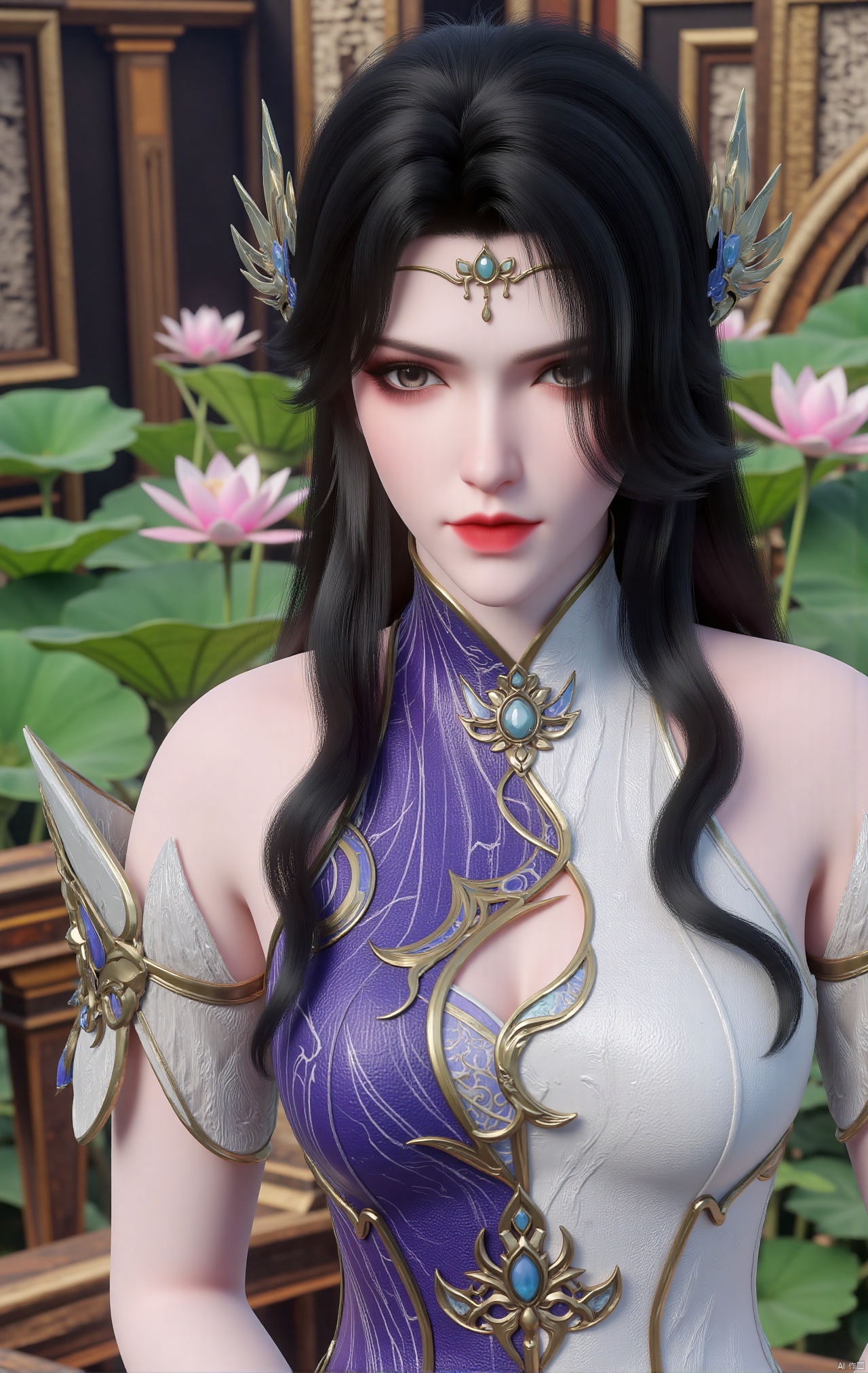  masterpiece,1girl,black hair,(Standing by the lotus pond in the garden:1.3),(hanfu dress:1.3),black eyes,beautiful face,short sleeves,holding flower,looking at viewer,(huge breasts:2.59),(full breasts:1.99),Xxianyi,Xxiyouqin,Xqinghe,Xyanqingcheng,Xhongdie,Xcaoying,Xjiziyue