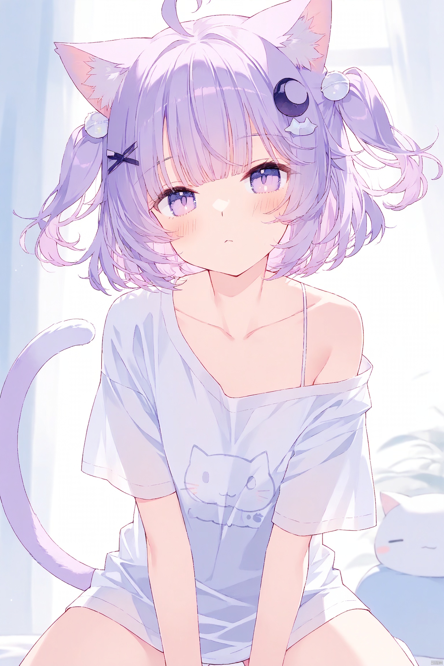 1girl, solo, looking at viewer, blush, short hair, bangs, shirt, hair ornament, animal ears, closed mouth, purple eyes, collarbone, tail, white shirt, pink hair, purple hair, ahoge, short sleeves, indoors, cat ears, off shoulder, blurry, two side up, cat tail, animal ear fluff, cat girl