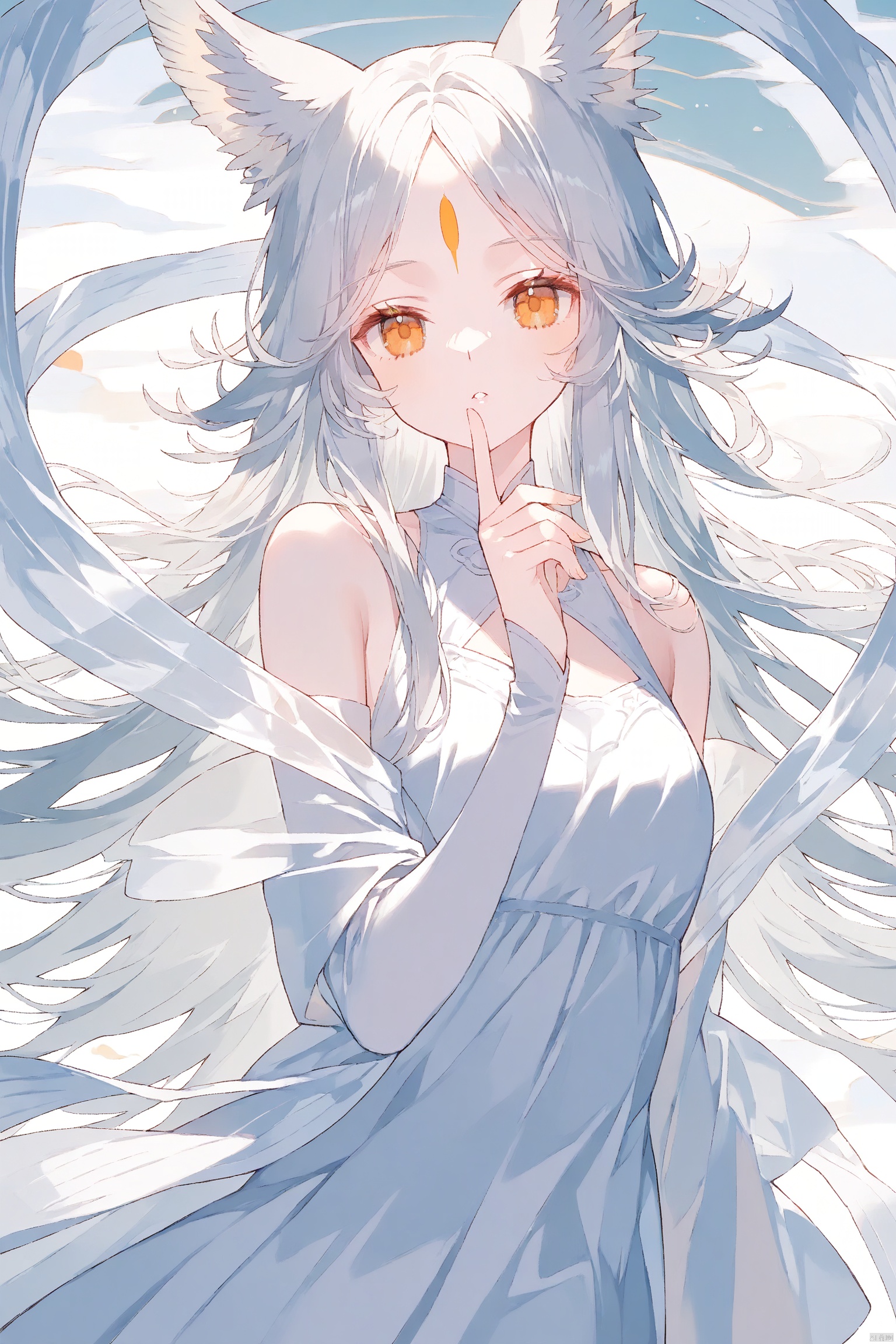 1girl, solo, orange eyes, looking at viewer, dress, white dress, grey hair, forehead mark, feather hair, bare shoulders, upper body, long hair, shawl, finger to mouth, parted lips, hagoromo, sleeveless, sleeveless dress, bangs, white hair, animal ears, hand up, long sleeves
