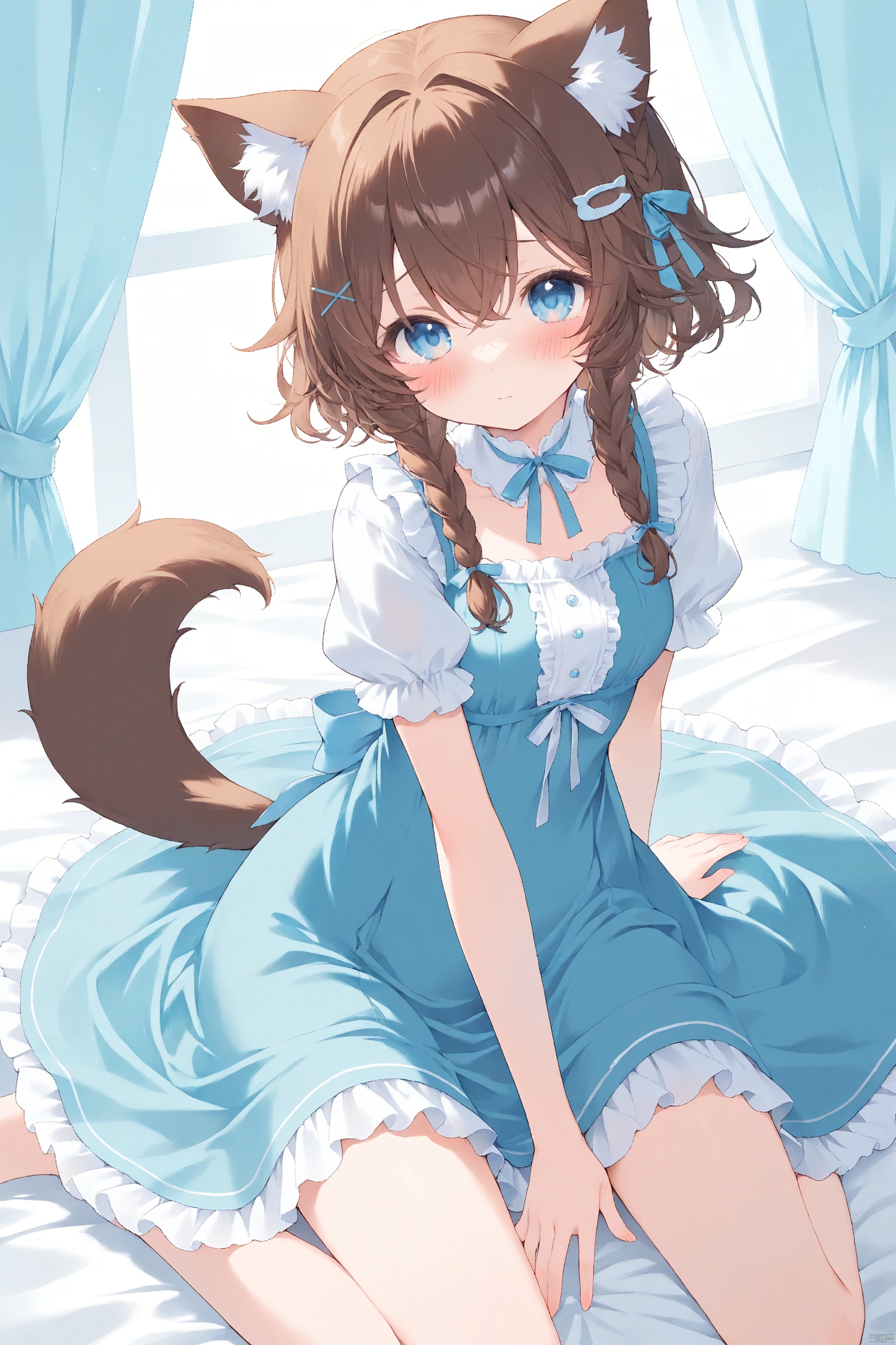 1girl, animal_ear_fluff, animal_ears, blue_eyes, blush, braid, brown_hair, dress, frills, short_hair, sitting, solo, tail