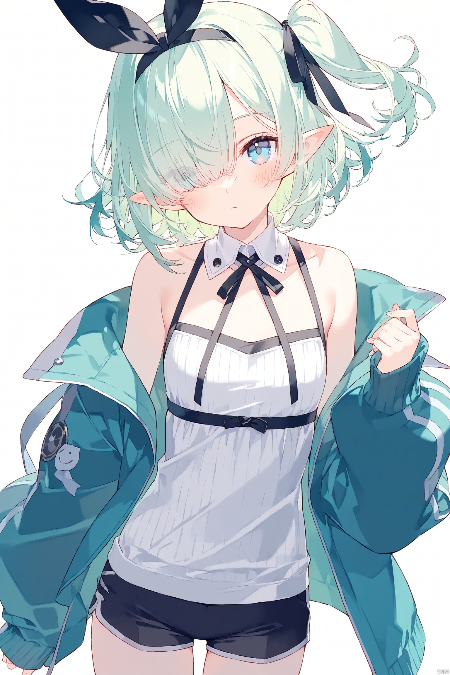 1girl, solo, looking at viewer, blush, bangs, blue eyes, simple background, shirt, long sleeves, white background, ribbon, bare shoulders, closed mouth, jacket, hair ribbon, hairband, green hair, open clothes, shorts, sleeveless, pointy ears, puffy sleeves, off shoulder, hair over one eye, collar, open jacket, black jacket, sleeves past wrists, sleeveless shirt, black ribbon, detached collar, one side up, black hairband, puffy long sleeves