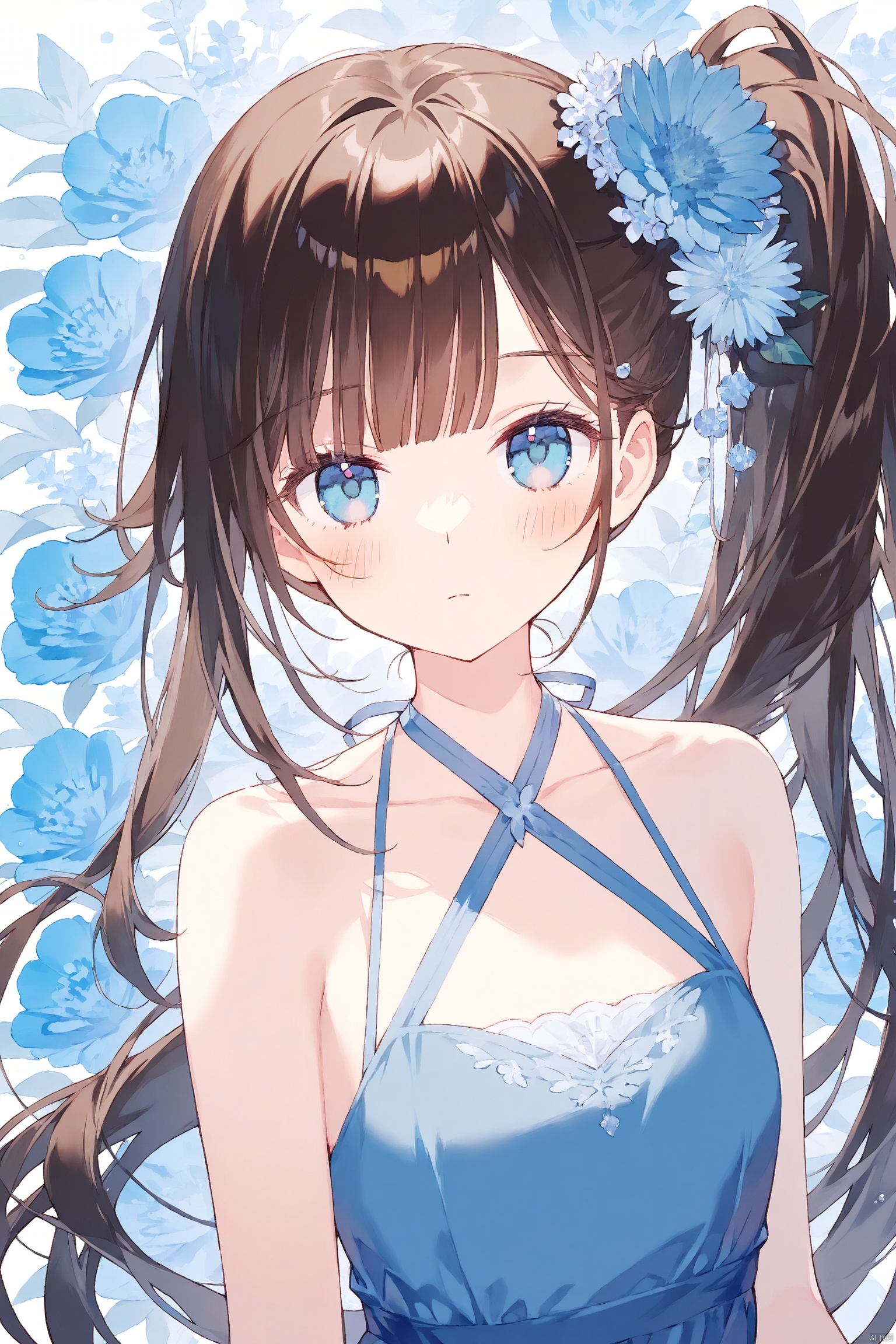 1girl, solo, long hair, looking at viewer, blush, bangs, blue eyes, brown hair, hair ornament, dress, bare shoulders, very long hair, closed mouth, collarbone, upper body, flower, sleeveless, side ponytail, bare arms, sleeveless dress, blue dress, blue flower, floral background