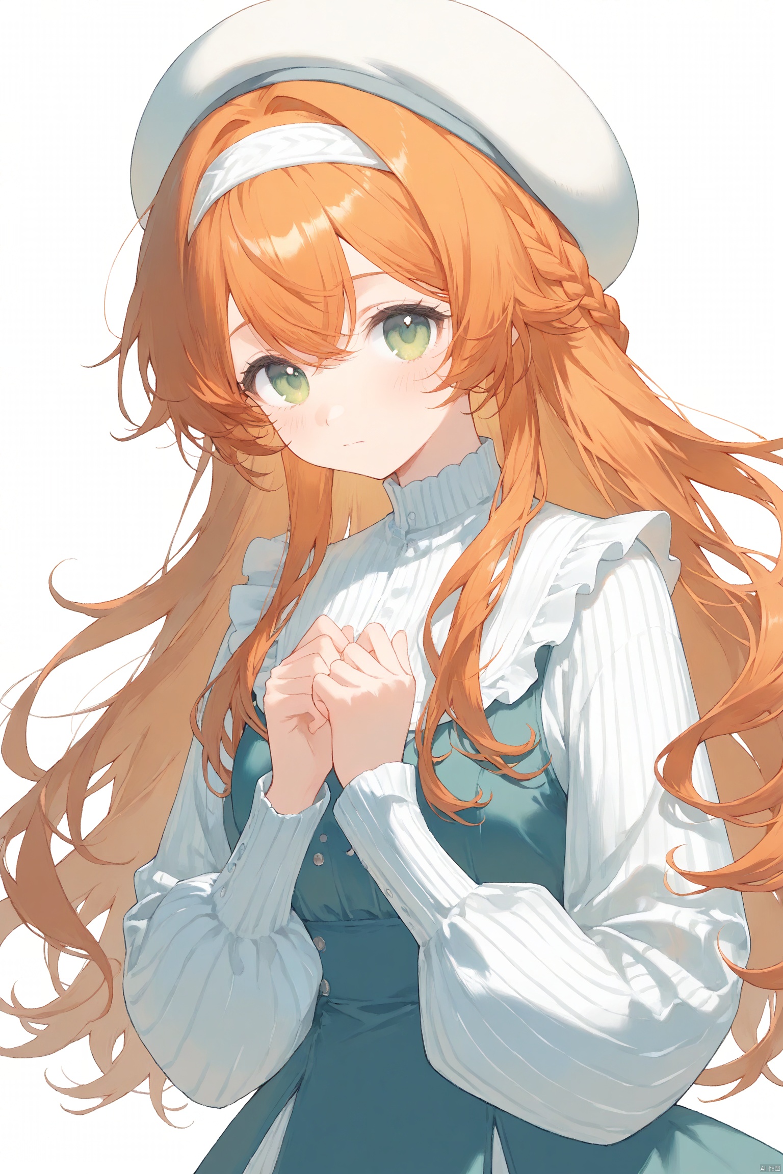 1girl, beret, braid, closed_mouth, dress, hat, long_hair, long_sleeves, simple_background, solo, white_background, white_hairband