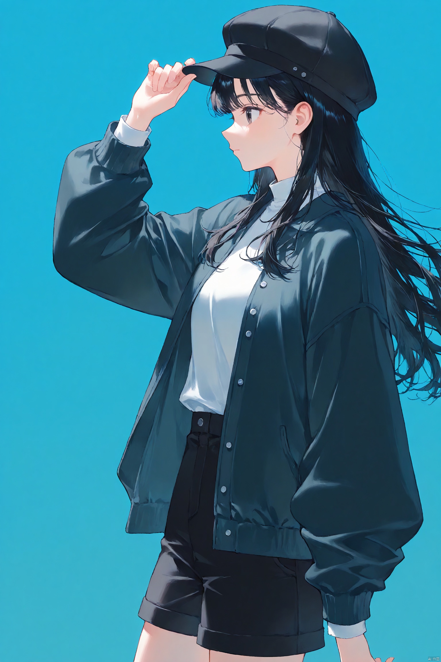 1girl, solo, long hair, bangs, skirt, shirt, black hair, long sleeves, hat, closed mouth, jacket, shorts, from side, black headwear, profile, blue background, black shorts, hand on headwear