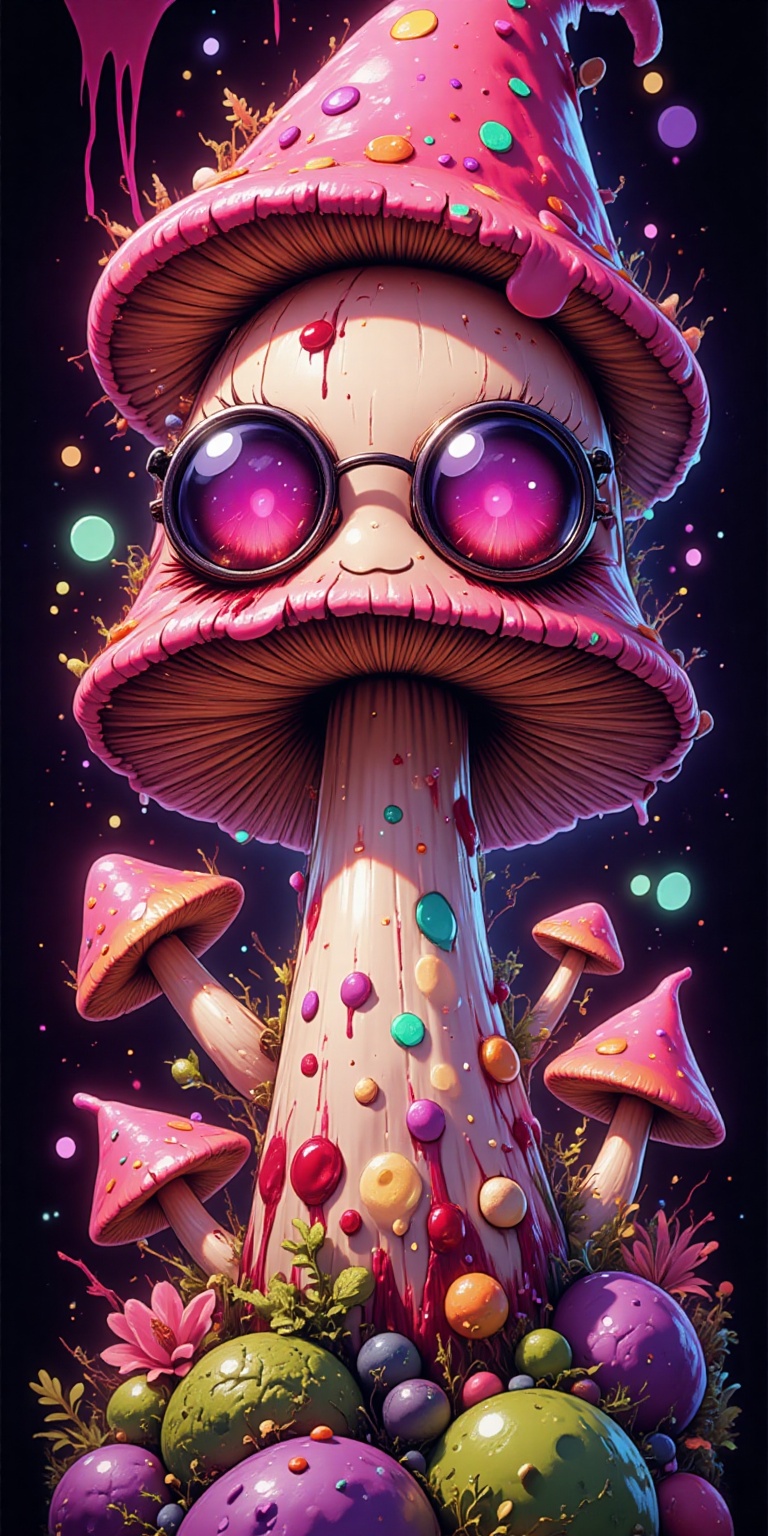 vector sticker art, detailed, magic mushroom comic character with big bloody eyes, sleepy but smiley face but cool attitude