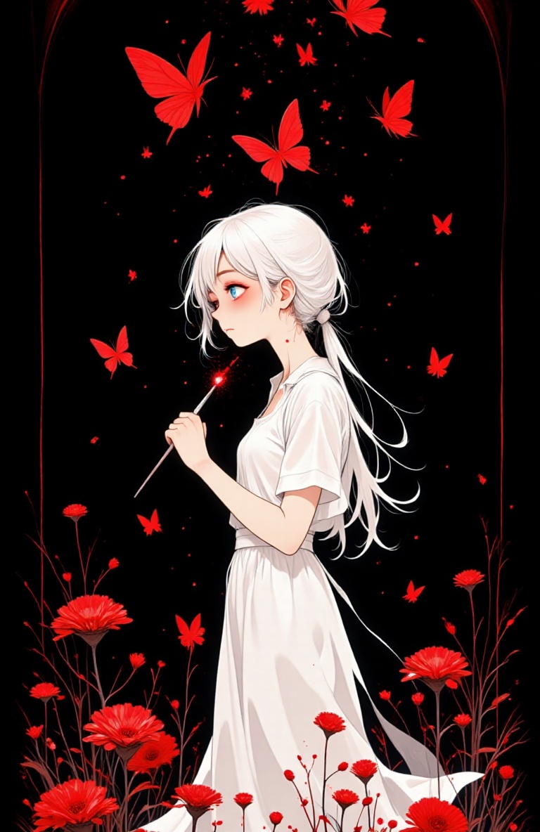 A silhouette of 'Burying the Flowers', with red butterflies, against black background, simple flat vector style, simple lines, minimalist art, simple coloring book cover design, high contrast, bright colors, and a strong visual impact. The figure is wearing white , holding an artist's brush in his hand to paint red color on butterfly wings. Her hair was disheveled into two long pigtails. She has no makeup on her face or neck, highlighting only one eye. Full body portrait.
