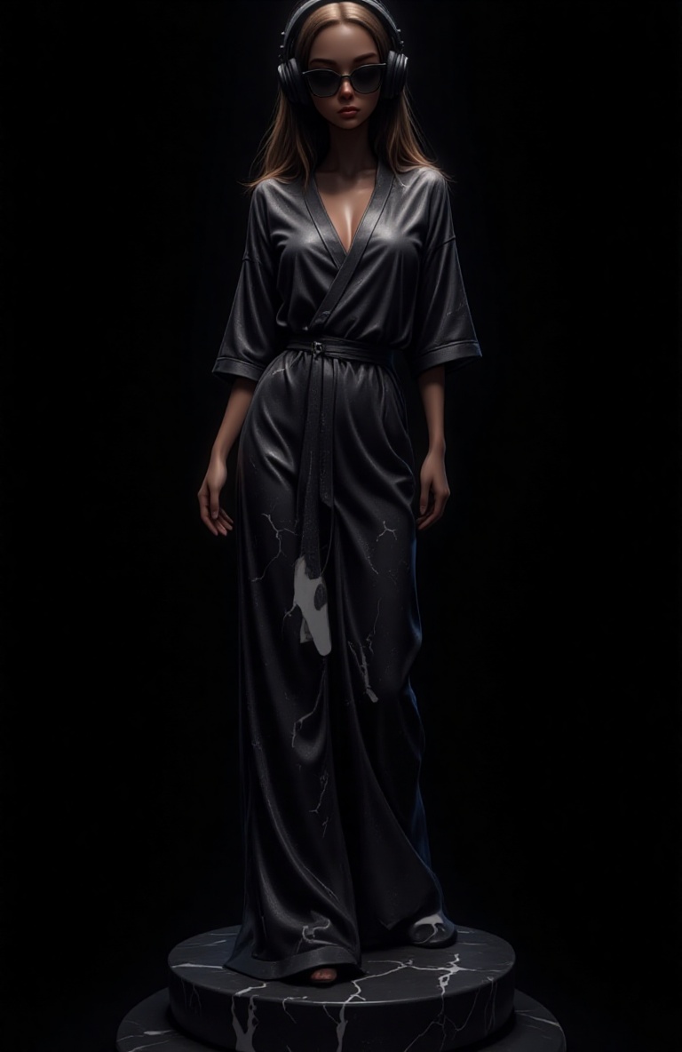 comic aesthetic, A 3D marble statue of a woman, wearing a flowing toga, minimalist and modern design, standing in a confident pose, wearing headphones and sunglasses, against a black background. Subtle lighting accentuates the marble texture, hd quality