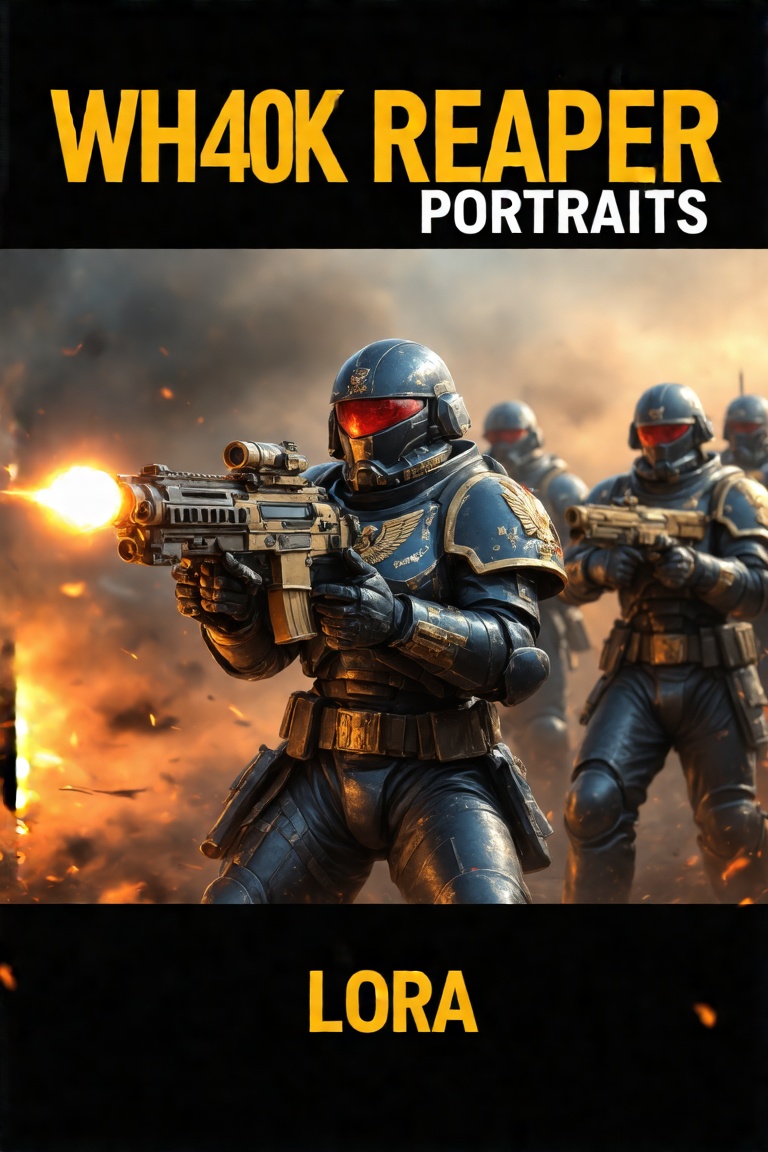The Warhammer 40k Lore reaper portrait is a digital painting depicting a futuristic scene of a group of soldiers in a comb...