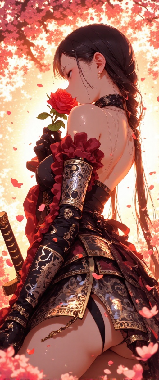 Here is a masterpiece prompt: A female ronin in ornate samurai armor stands in a lush field of blooming cherry blossomsat...
