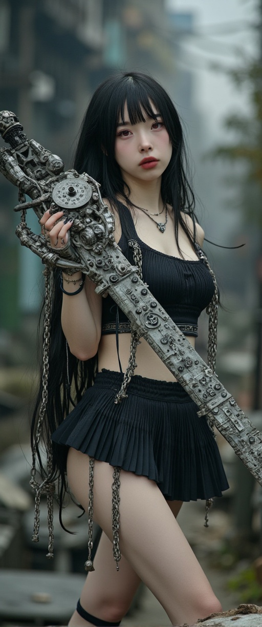 A masterpiece photograph shot on Canon EOS R6,  showcasing a stunning young woman with long,  black hair and striking red...