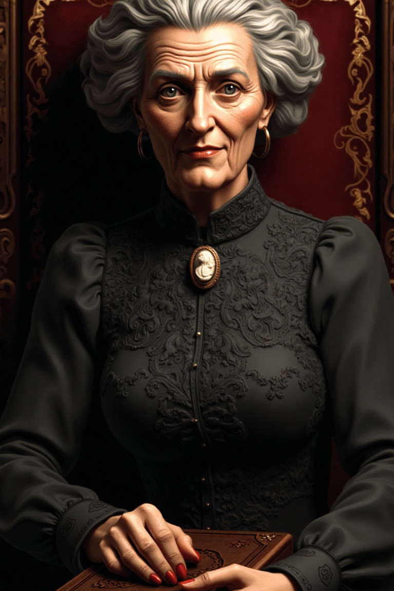 An animated image of a an elderly woman,  reminiscent of early 20th-century photography. She's seated in an ornate high-ba...
