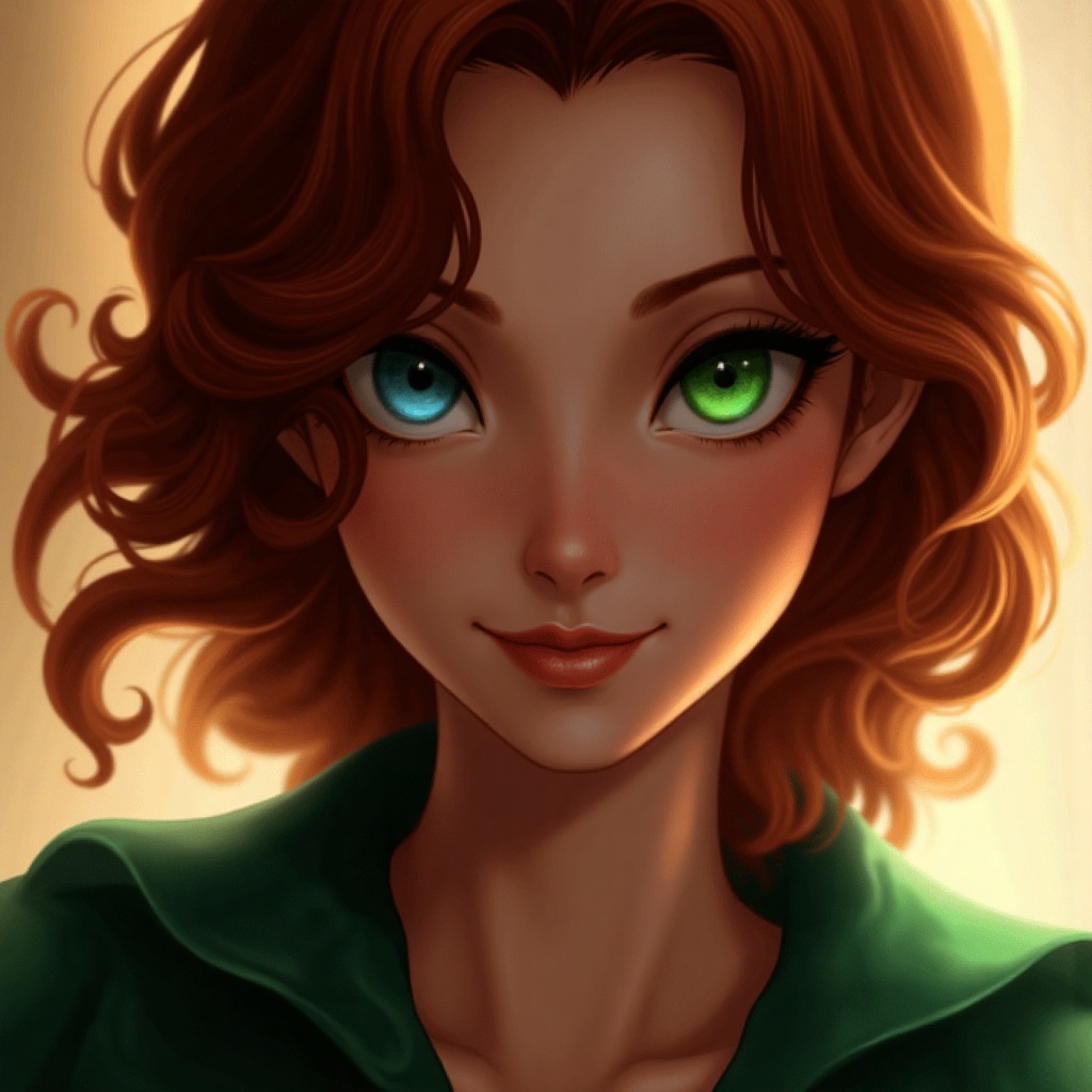 An animated image of a woman in her early 30s with striking heterochromia - one eye blue,  the other green. Her auburn hai...
