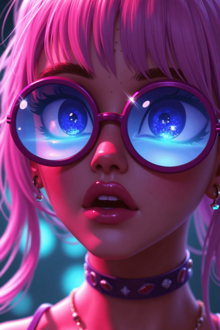 An animated image of a Gen Z influencer with pastel pink hair and multiple ear piercings. She's wearing oversized,  round...