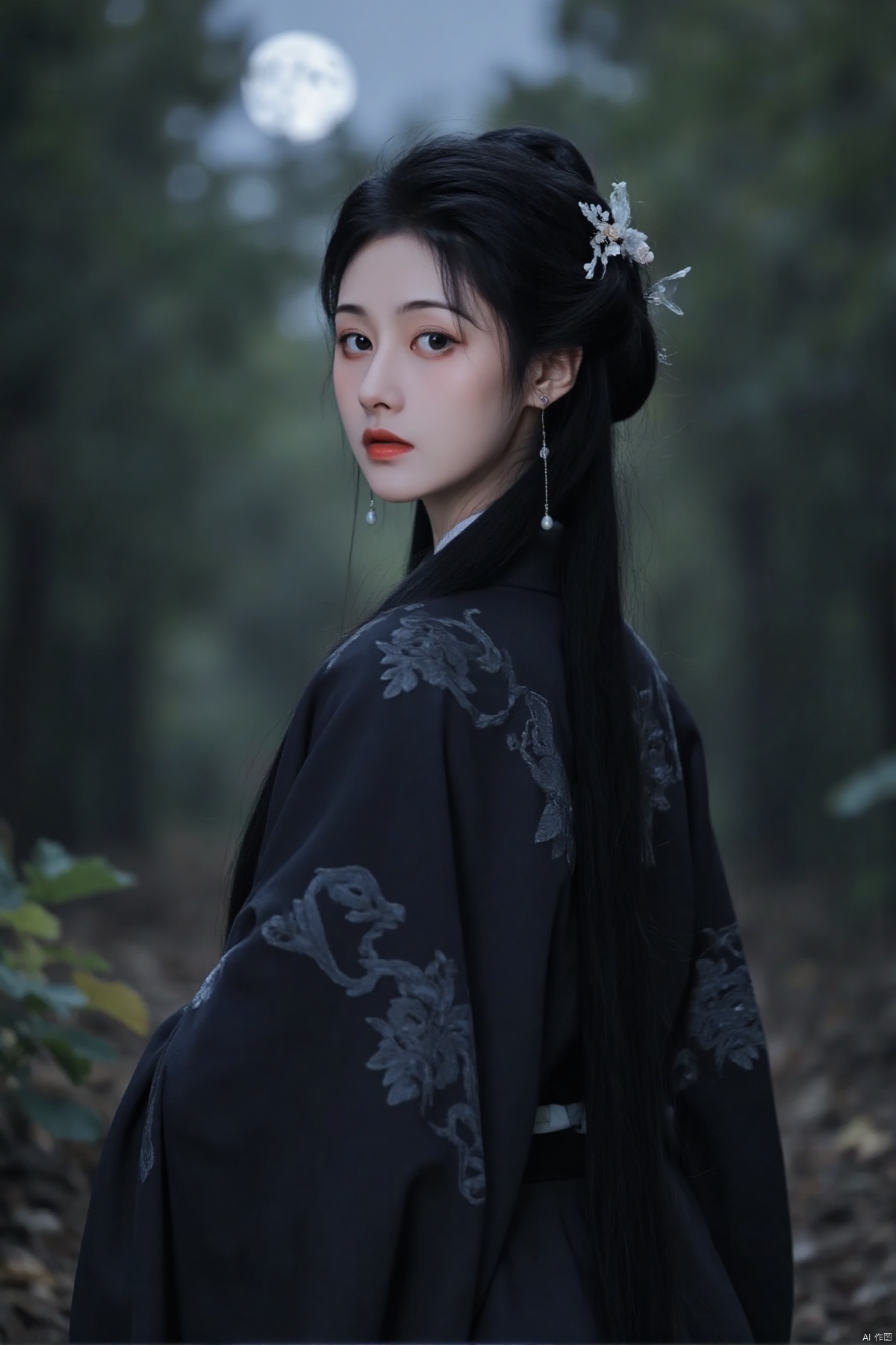xyziaoua,(long black braid,decorative hairpin,dark robe,beautiful detailed eyes,beautiful detailed lips,extremely detailed eyes and face,long eyelashes,serene expression,elegant pose,side profile,flowing dark robe,ornate patterns on robe,soft lighting,moonlit night,ancient forest,fallen leaves on ground,full moon in sky,ethereal atmosphere,Japanese style illustration,(best quality,4k,8k,highres,masterpiece:1.2),ultra-detailed,(realistic,photorealistic,photo-realistic:1.37),HDR,UHD,sharp focus,bokeh,vivid colors),