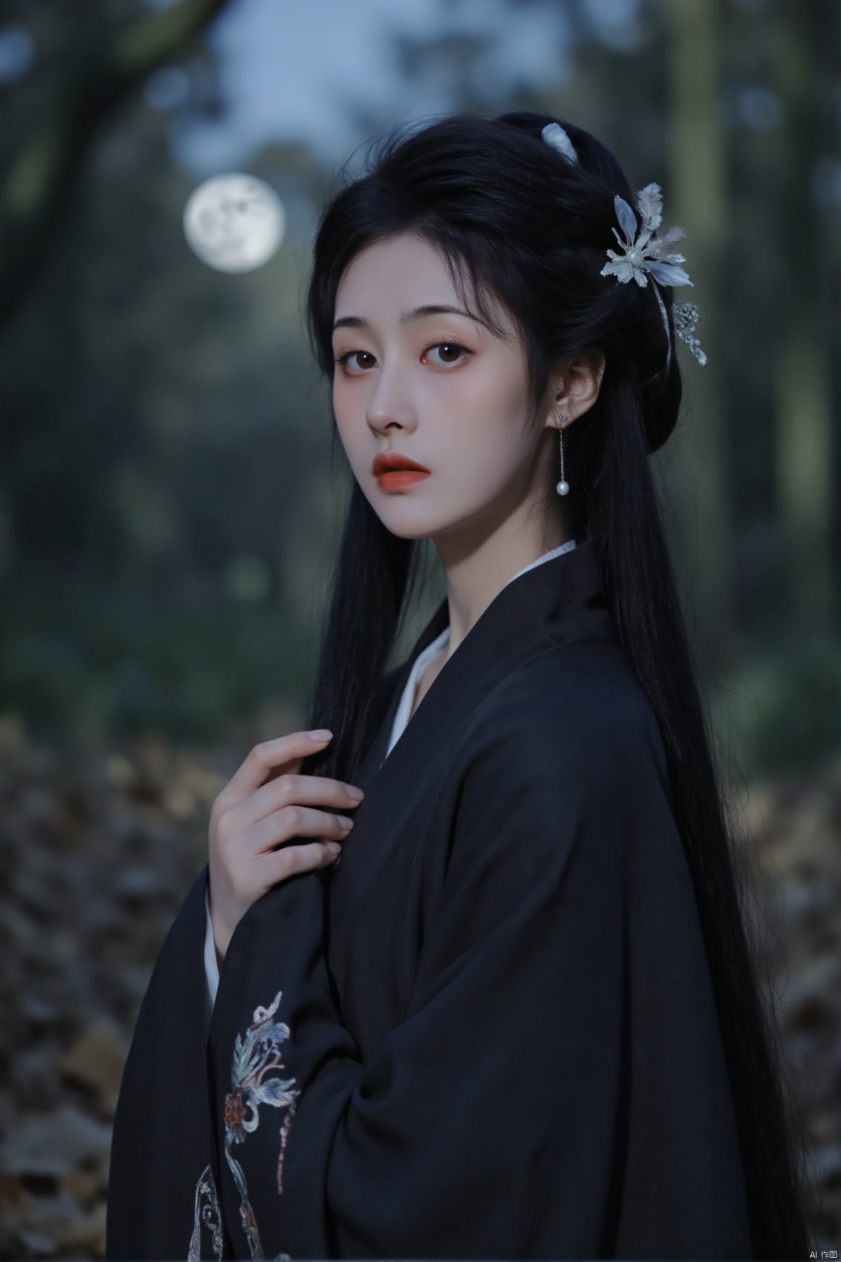 xyziaoua,(long black braid,decorative hairpin,dark robe,beautiful detailed eyes,beautiful detailed lips,extremely detailed eyes and face,long eyelashes,serene expression,elegant pose,side profile,flowing dark robe,ornate patterns on robe,soft lighting,moonlit night,ancient forest,fallen leaves on ground,full moon in sky,ethereal atmosphere,Japanese style illustration,(best quality,4k,8k,highres,masterpiece:1.2),ultra-detailed,(realistic,photorealistic,photo-realistic:1.37),HDR,UHD,sharp focus,bokeh,vivid colors),
