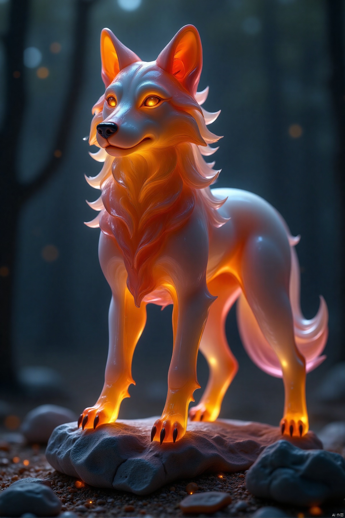 (mystical wolf-like creature,glowing golden specks,stands on rocky base,dark background,enhances luminosity,otherworldly appearance),(best quality,4k,8k,highres,masterpiece:1.2),ultra-detailed,(realistic,photorealistic,photo-realistic:1.37),ethereal glow,sharp focus,physically-based rendering,extreme detail description,professional,vivid colors,bokeh,nighttime,moonlight,shadows,rocks,crystals,glowing eyes,flowing fur,spiritual aura,ancient runes,enchanted forest,mythical,legendary,atmospheric lighting,haunting beauty,otherworldly atmosphere,celestial,unearthly,phantasmagoric,fantasy art,concept art,digital painting,HDR,UHD,studio lighting,ultra-fine painting