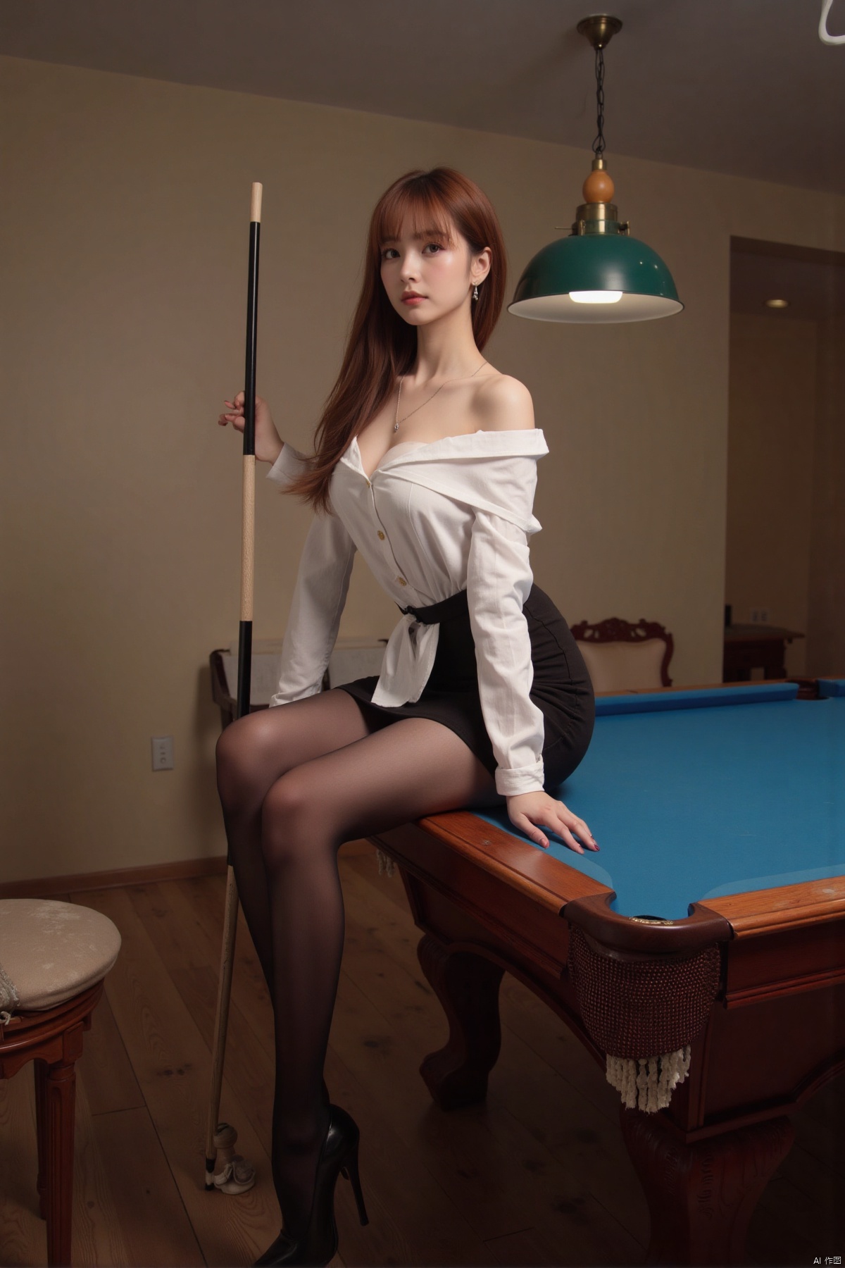 Realistic photo of young woman, long hair, fair skin, big breasts, off-shoulder shirt, short pencil skirt, (shiny pantyhose), high heels, full body, sitting on the pool table,