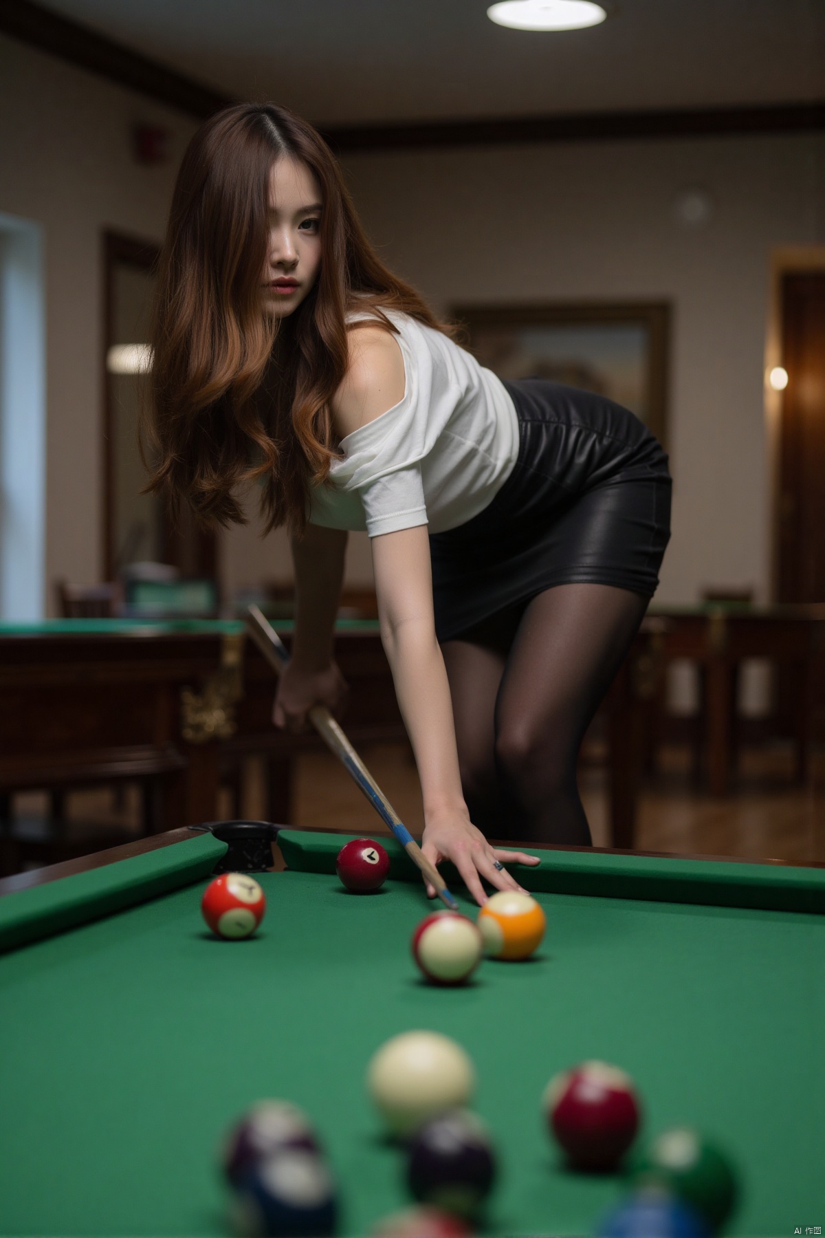 (Realistic photo of young woman), long hair, fair skin, off shoulder shirt, short pencil skirt, (shiny pantyhose), long legs, high heels, back view, bent over, (playing billiards),